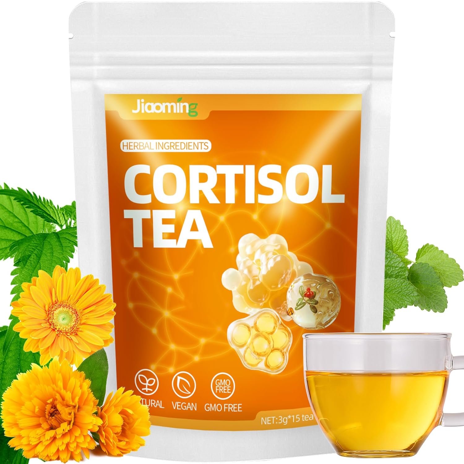 JIAOMING Natural Herbal Cortisol Tea for Men and Women, Lower Cortisol Detox Hormone Balance with Chamomile, Ashwagandha, Nettle Leaves, Lemongrass & Licorice, Sleep Relaxation, Focus, Mental Clarity