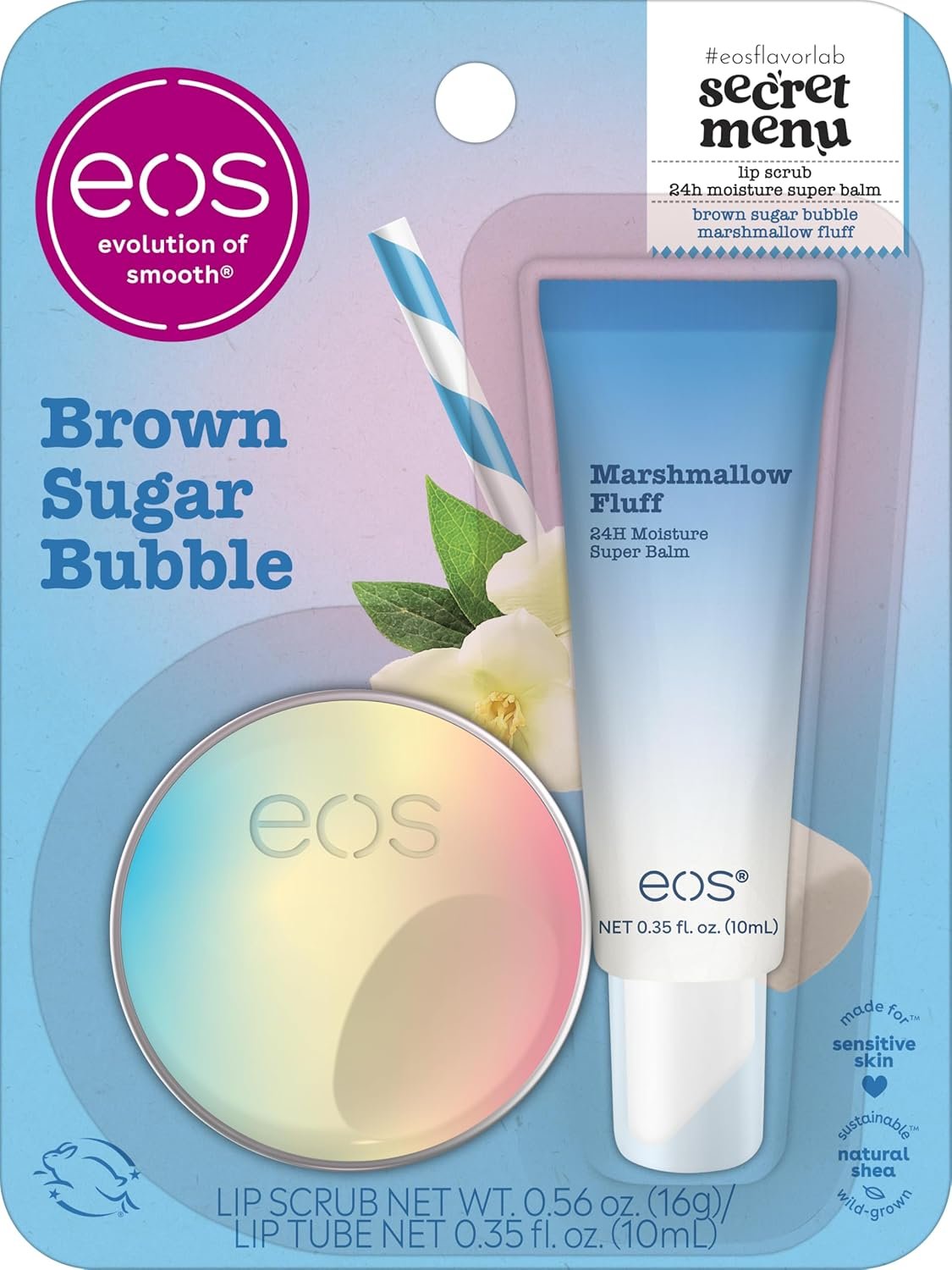 eos Flavor Lab Secret Menu Gift Set – Brown Sugar Boba Lip Scrub Exfoliator & 24H Moisture Super Balm, Limited-Edition Lip Treatment, Nourishing, 2-Pack