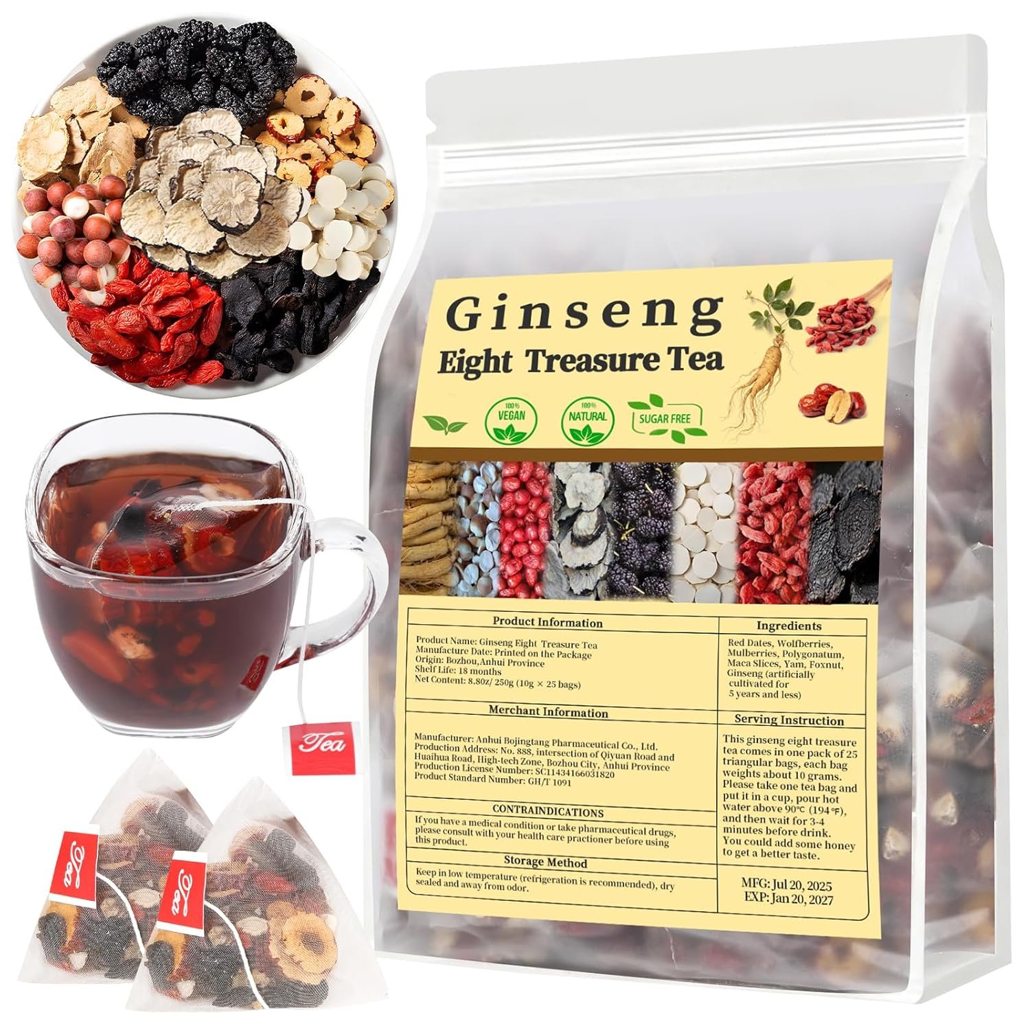 Kidney Tea Formula Ginseng Eight Treasures Tea, Traditional Chinese Herbal Kidney Cleanse Teas for Women and Men, 8 Precious Ingredients Formula (1 Pack/25 Bags)