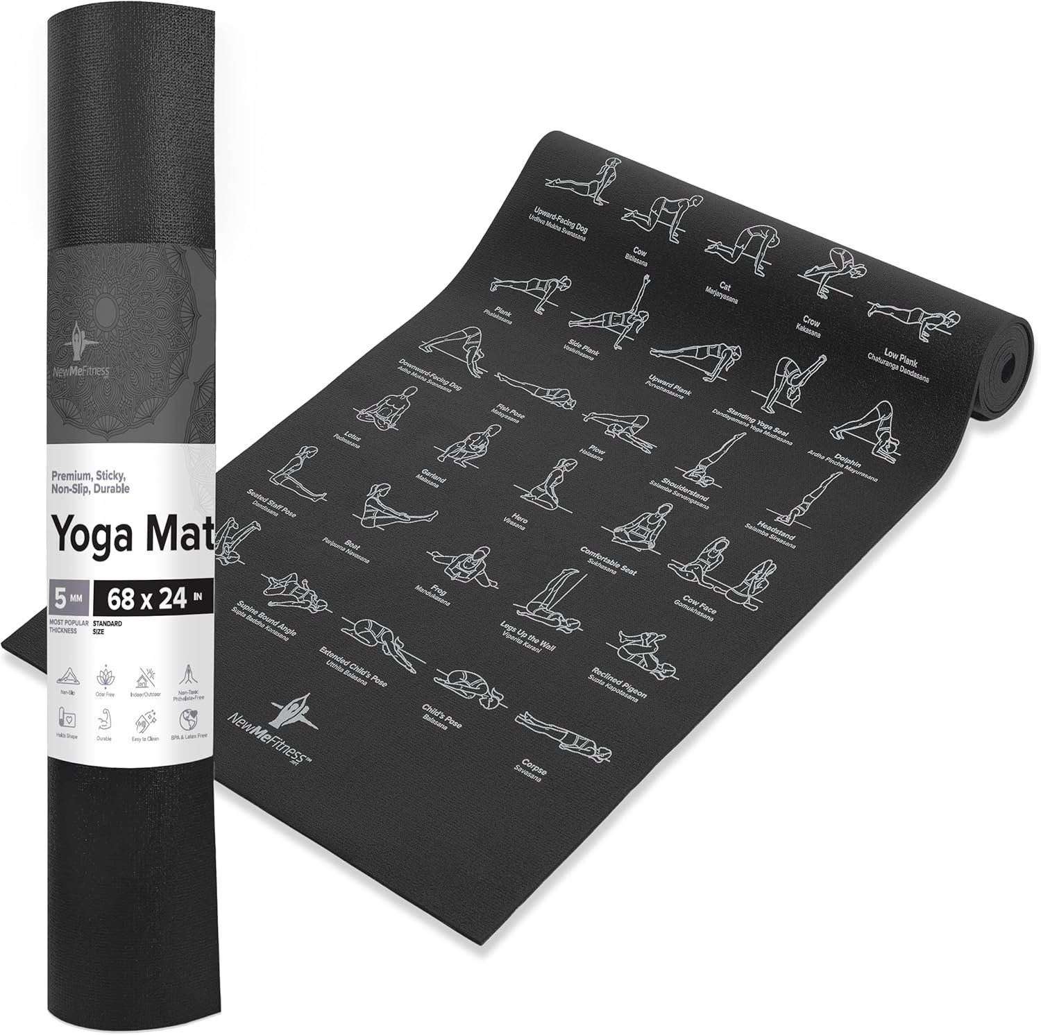 NewMe Fitness Yoga Mat for Women and Men – Large, 5mm Thick, 68 Inch Long, Non Slip Exercise Mats w/ 70 Printed Yoga Poses for Pilates, Workout and Stretching – Home and Gym Essentials
