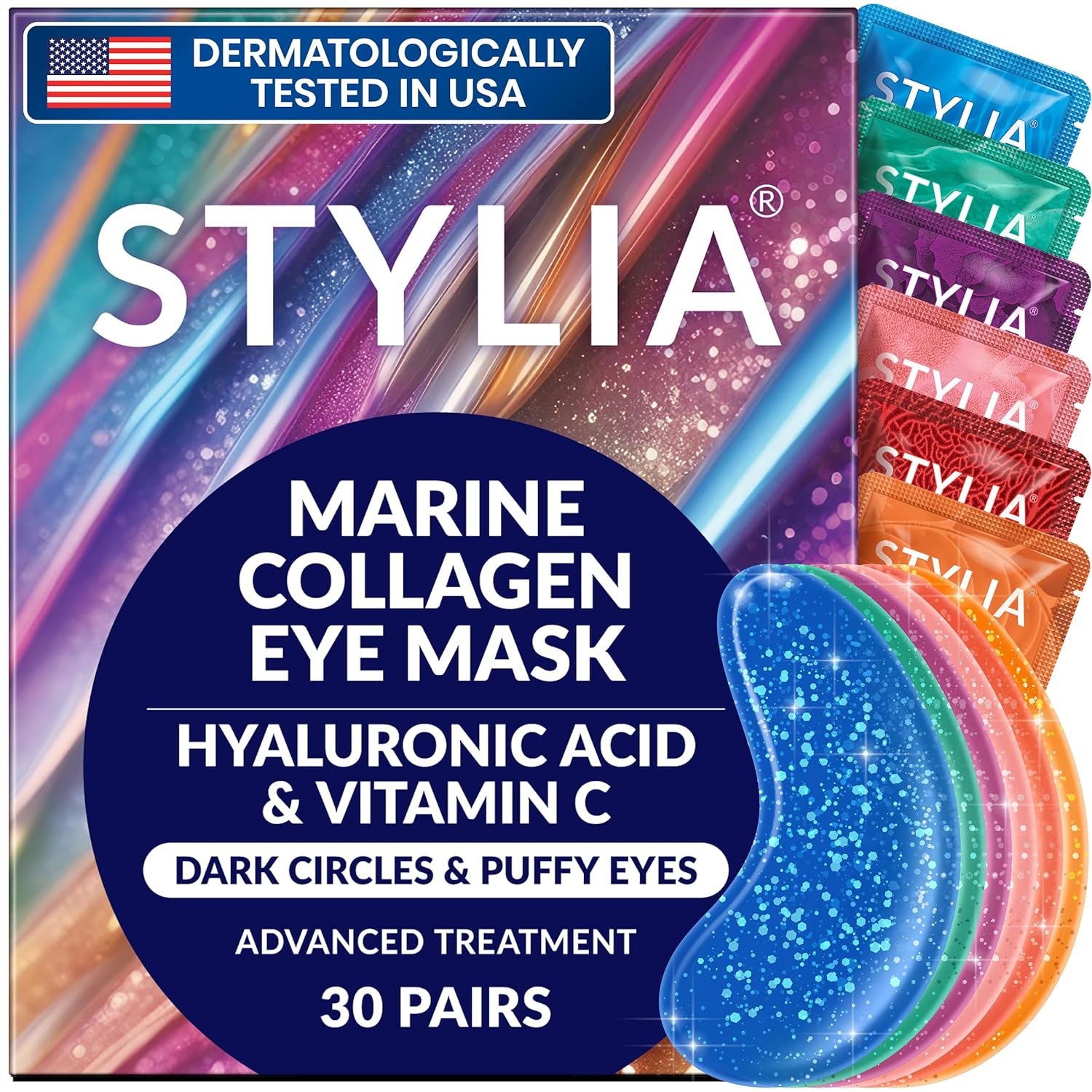 Stylia Collagen & Vitamin C Under Eye Patches for Puffy Eyes & Dark Circles – Depuffing, Hydrating & Firming Under Eye Mask with Hyaluronic Acid – Stocking Stuffers for Teen Girls, Vegan (30 Pairs)