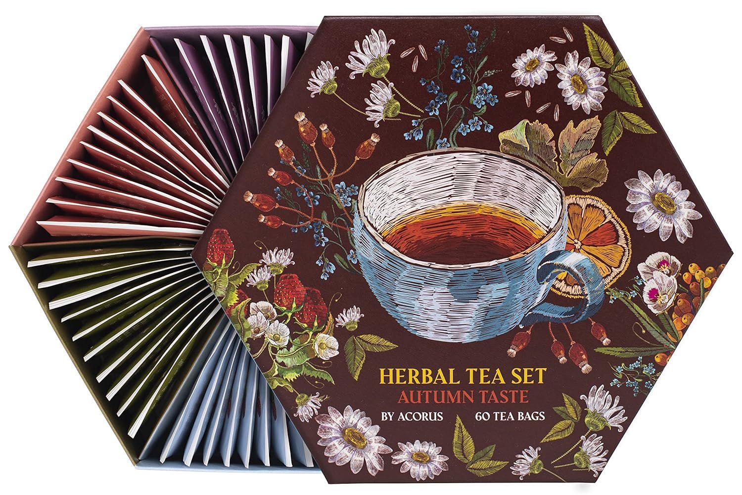 ACORUS Autumn Taste Tea Set, Natural Herbal Tea Variety Pack, Assorted Tea Box, Tea Gift Set of 6 Different Teas, Herbal Tea Sampler of 60 Tea Bags Individually Wrapped, Discover Rich Autumn Teas