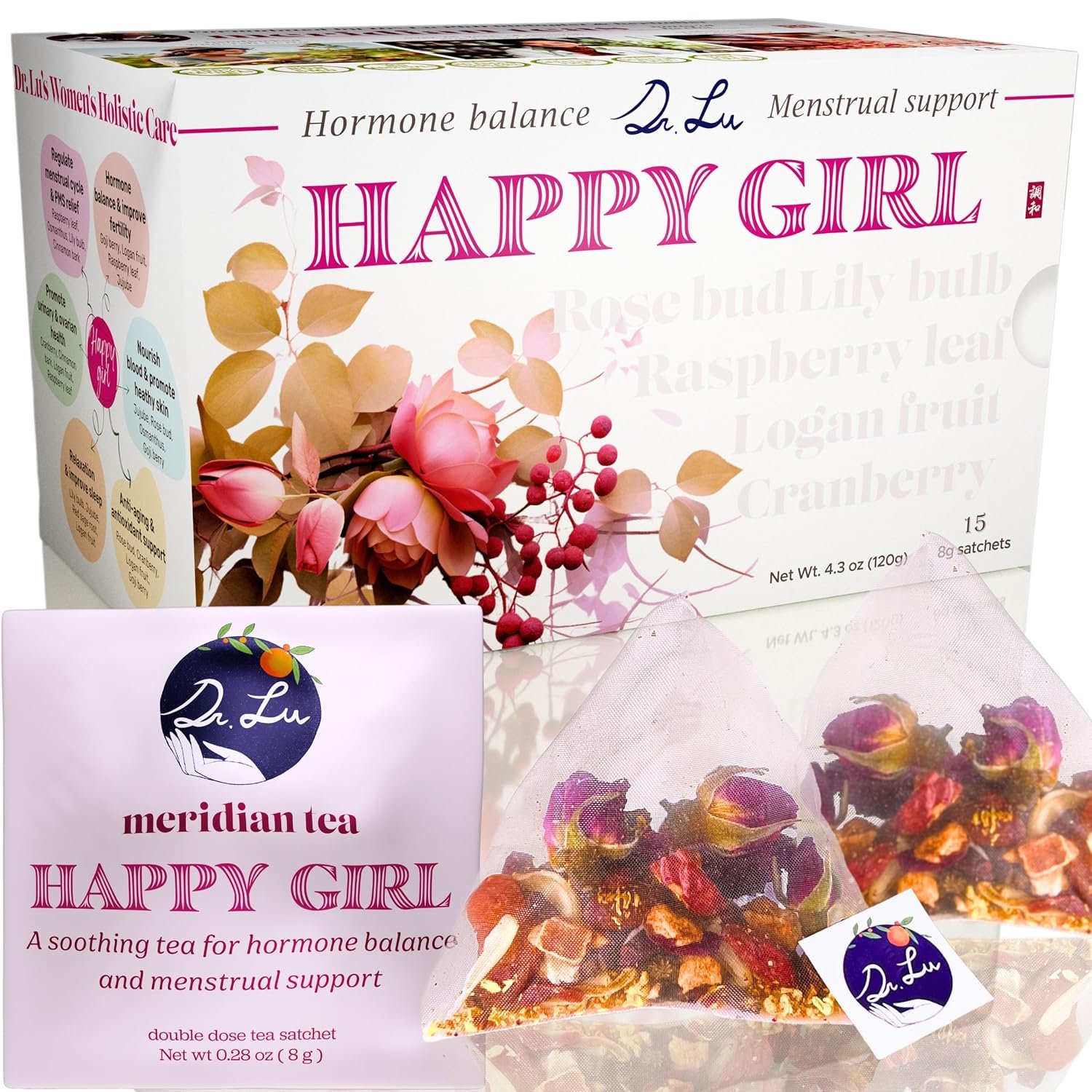 Dr. Lu’s Happy Girl Tea | 100% Natural Herbal Tea for Hormone Balance, Menstrual, PMS, PCOS & Menopause | Antioxidant & Anti-Aging Rose Tea with Raspberry Leaf, Cranberries, Goji Berries & More