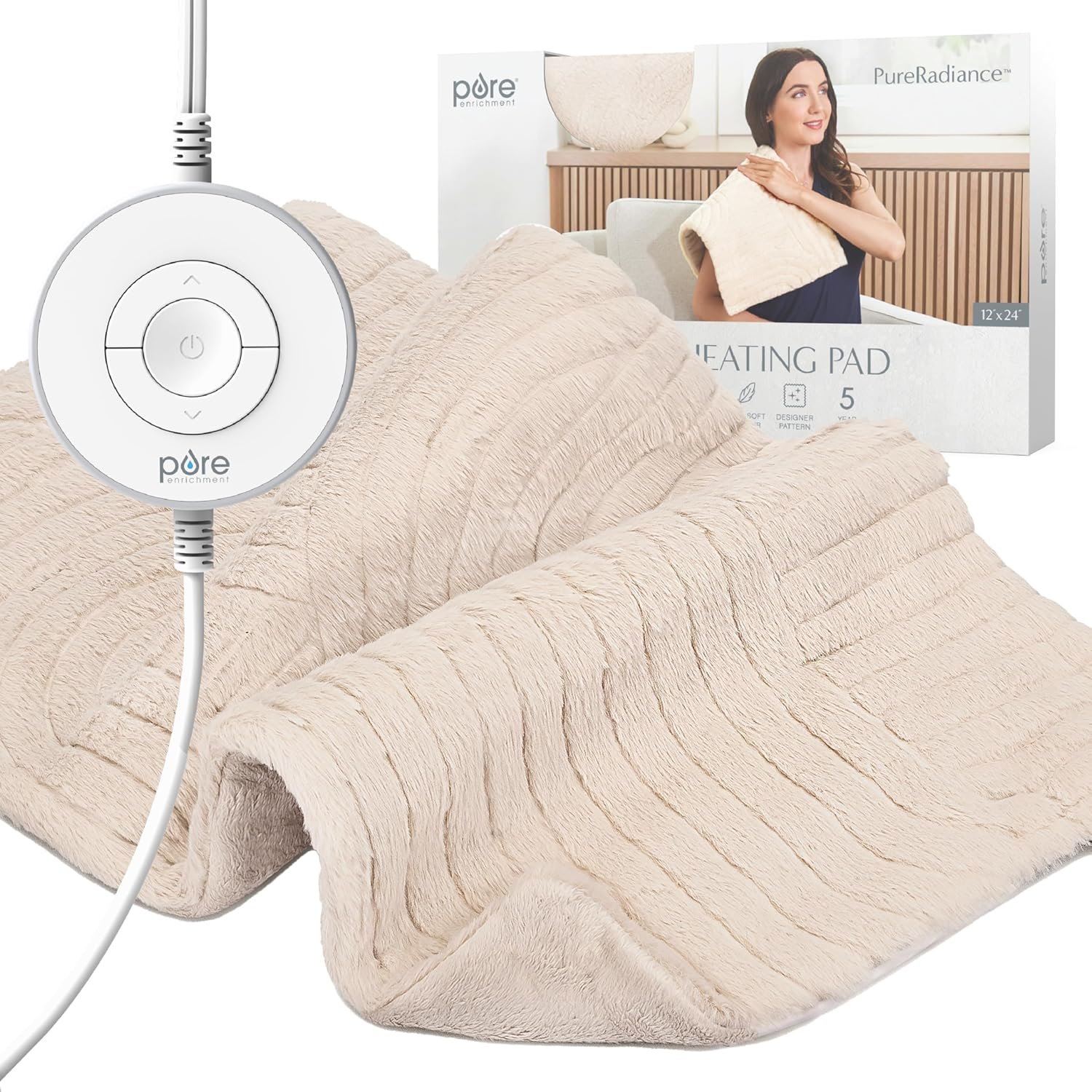 Pure Enrichment PureRadiance Luxury Heating Pad for Cramps, Back, Neck, & Shoulder Pain Relief, Patented Design, Soft Faux Fur & Micromink, 6 Heat Settings, Machine Washable, 12”x24” (Golden Sands)
