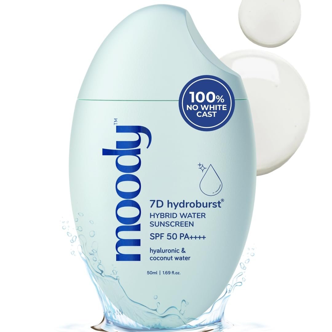 Moody 7D Hydro Burst Water Lightweight Non Greasy Sunscreen | Sweat proof, No White Caste | UV & Blue Light Protection Broad Spectrum SPF50 PA +++| Dewy Finish | Men & Women | Paraben Free,50 ml