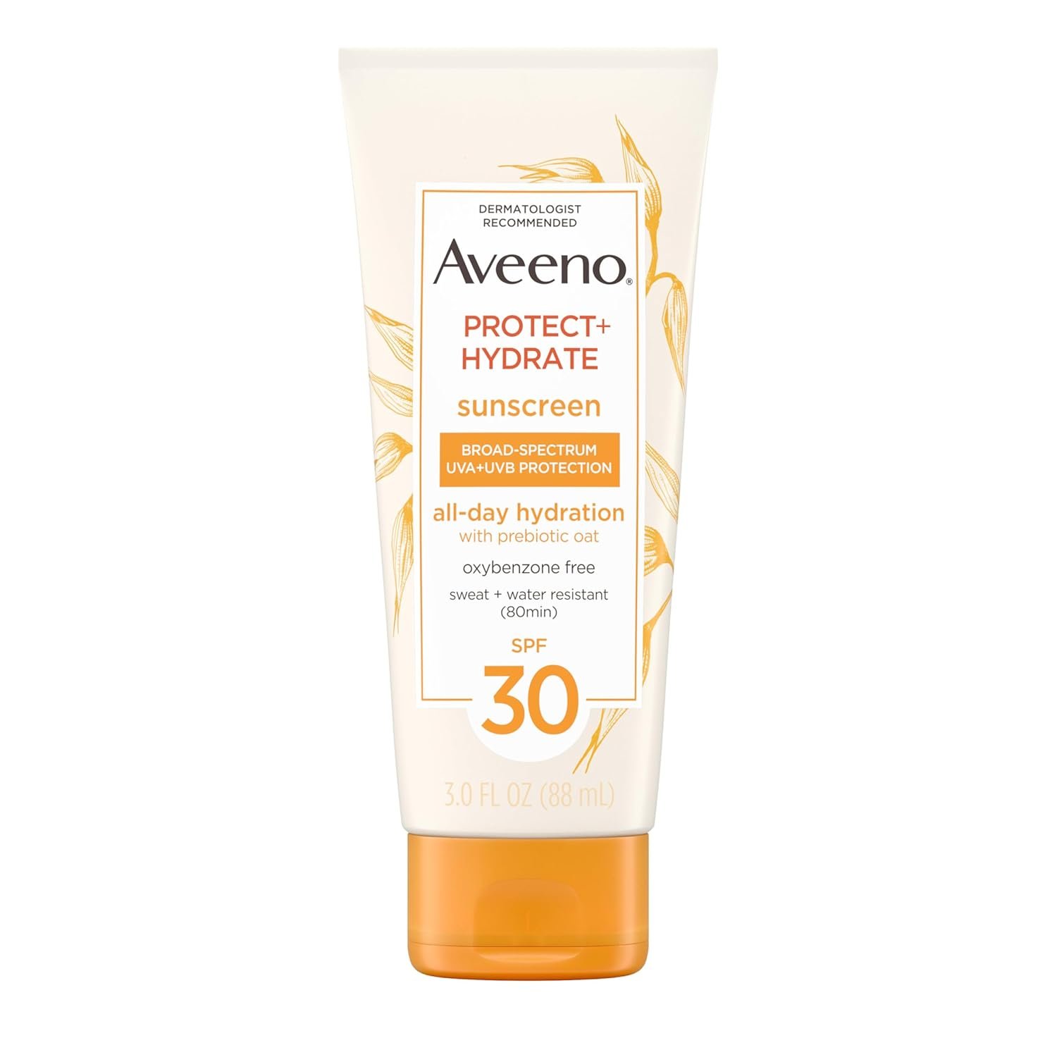 Aveeno Protect + Hydrate Moisturizing Sunscreen Lotion with Broad Spectrum SPF 30 & Prebiotic Oat, Weightless Sweat & Water-Resistant Full Body Sunscreen, Oxybenzone-Free, 3.0 fl. oz