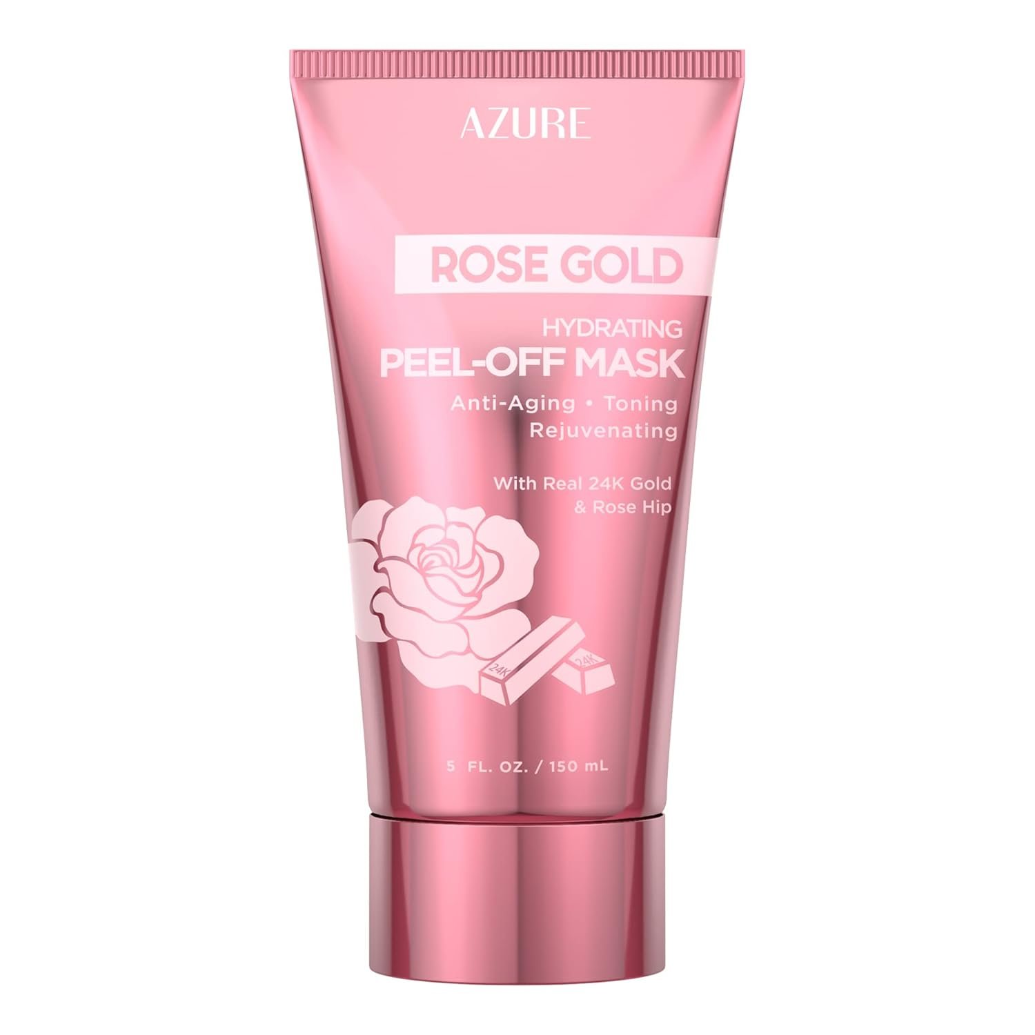 Azure Cosmetics Rose Gold Hydrating Peel Off Face Mask- Anti Aging, Toning & Rejuvenating – Removes Blackheads, Dirt & Oils – With Gold and Rose Water – Skin Care – 150mL / 5 fl.oz.