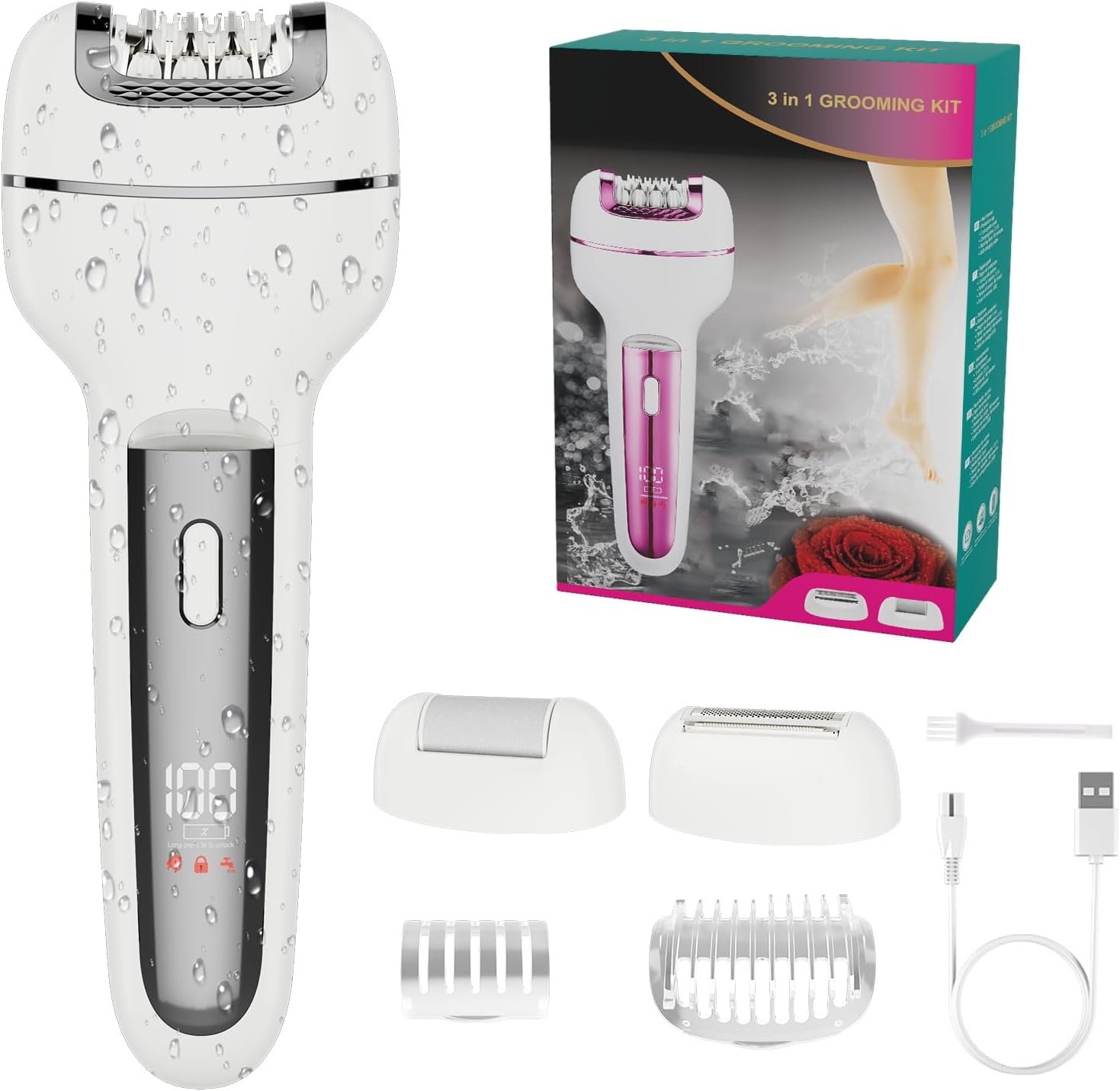 Epilator for Women 3-in-1 Epilator, Body Hair Removal Device,Wet/Dry, Waterproof, Cordless Rechargeable Electric Trimmer & Shaver & Callus Remover for Women & Men 606 Gray