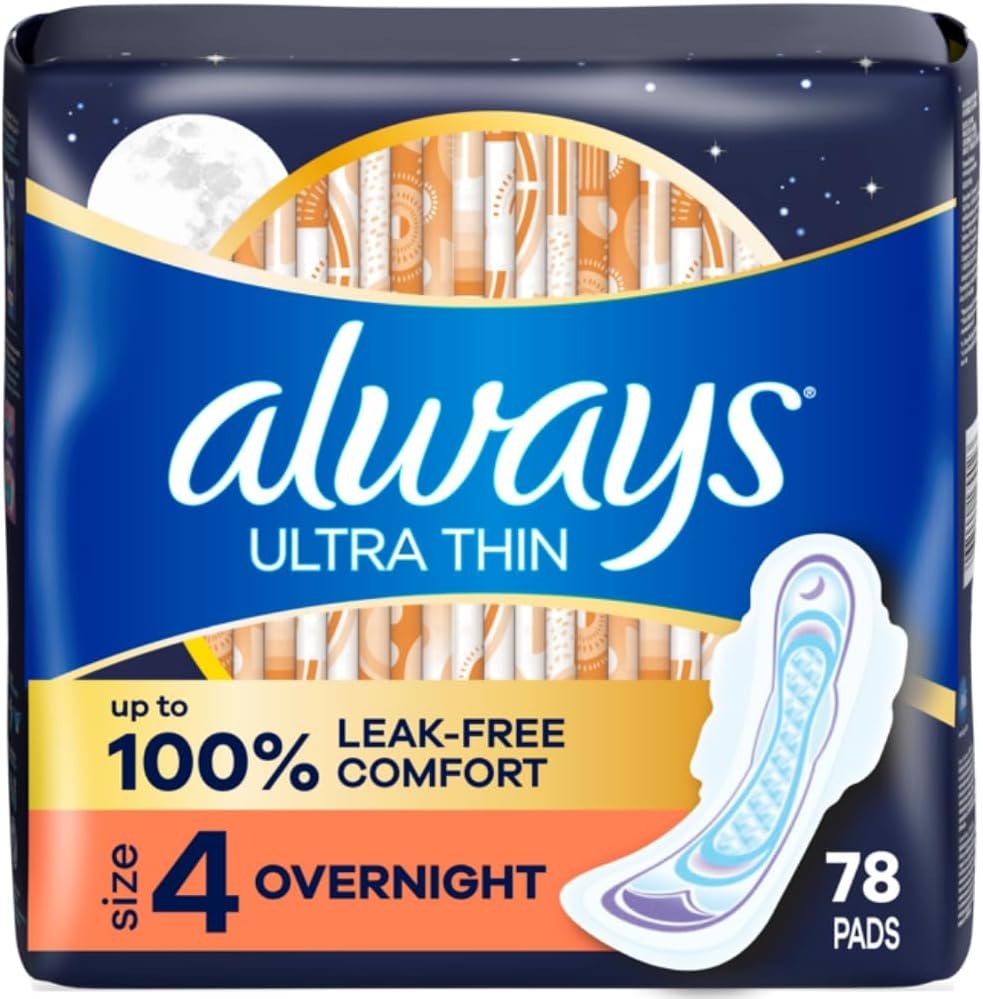 Always Ultra Thin Overnight Pads with Wings, Size 4, Overnight, 78 Count (3 Packs of 26)