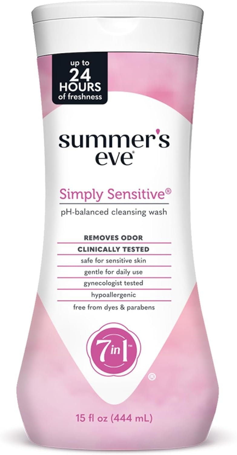 Summer’s Eve Simply Sensitive All-Over Daily Feminine Wash, Gentle pH-Balanced Body Wash for Women, Removes Vaginal Odor, 15 Fl Oz
