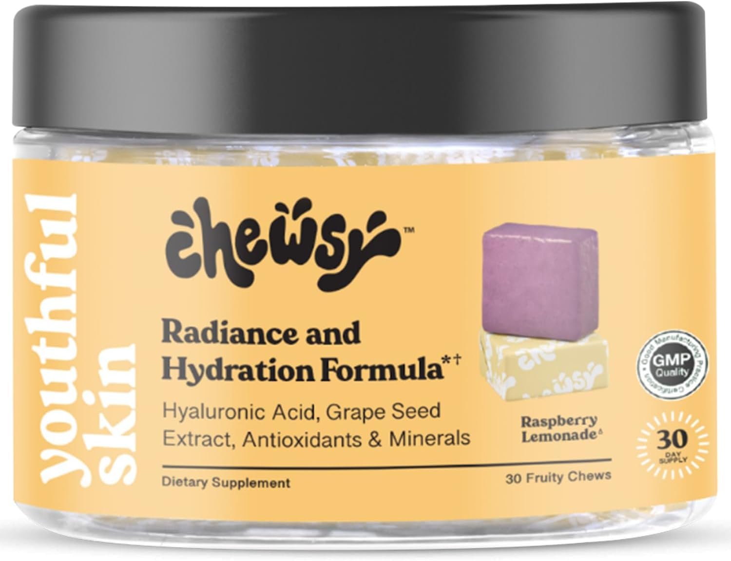 Chewsy Youthful Skin, Fruity Chews Vitamins, Radiance & Hydration Formula, Hyaluronic Acid, Grape Seed Extract, Antioxidants & Minerals, Vitamins Raspberry Lemonade Flavor 30-Day Supply