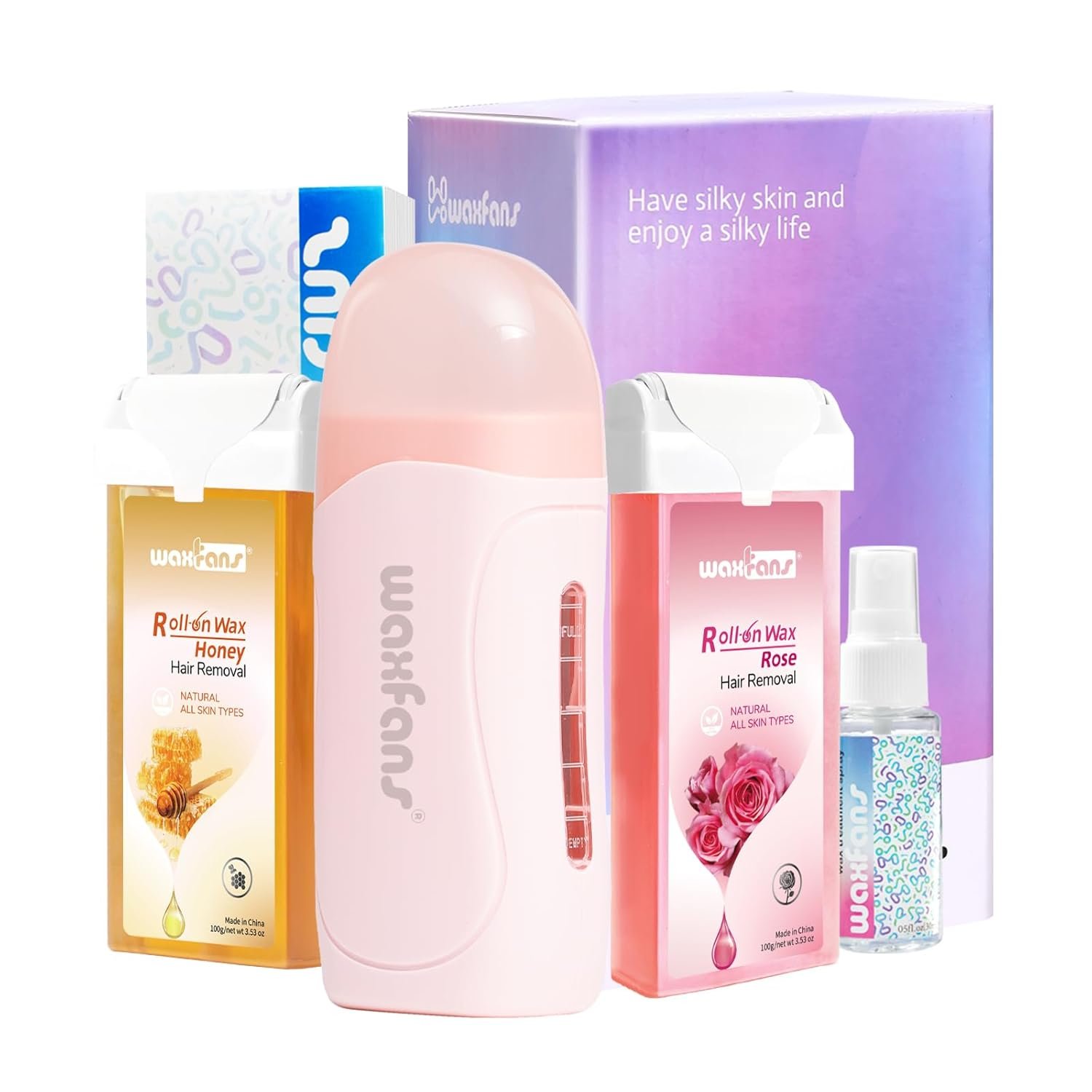Waxfans Roll on Wax Kit, Waxing Kit for Women and Men, Wax Roller Waxing Kit for All Skin Types, Roll on Waxing Kit for Hair Removal, with Honey and Rose Wax Cartridges & 50 Pcs Wax Strips