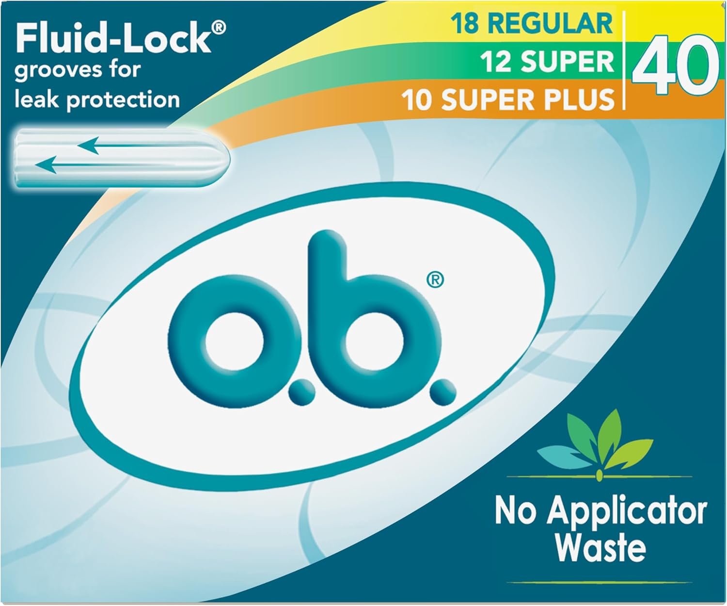 o.b. Tampons No Applicator, Fragrance-Free – 40ct (18ct Regular/12ct Super/10ct Super Plus) | Applicator-Free Tampons Multipack, Feminine Care, ob Tampon Multipack, Period Products