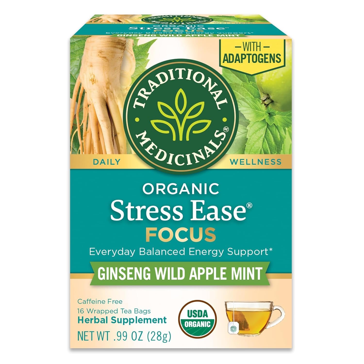 Traditional Medicinals Organic, Stress Ease Focus, Ginseng Wild Apple Mint Tea – Balanced Energy Support & Adaptogens – Kosher, Non-GMO, Caffeine-Free, Compostable – 16 Tea Bags