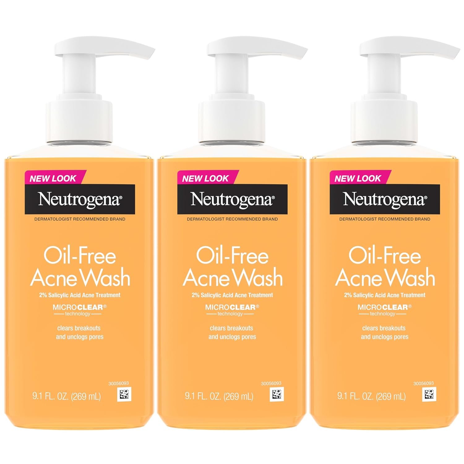 Neutrogena Oil-Free Acne Wash, Acne Fighting Facial Cleanser with Salicylic Acid Medicine, Acne Treatment for Face, Non-Comedogenic, Residue-Free, 9.1 fl oz Pump Bottles, 3 Pack