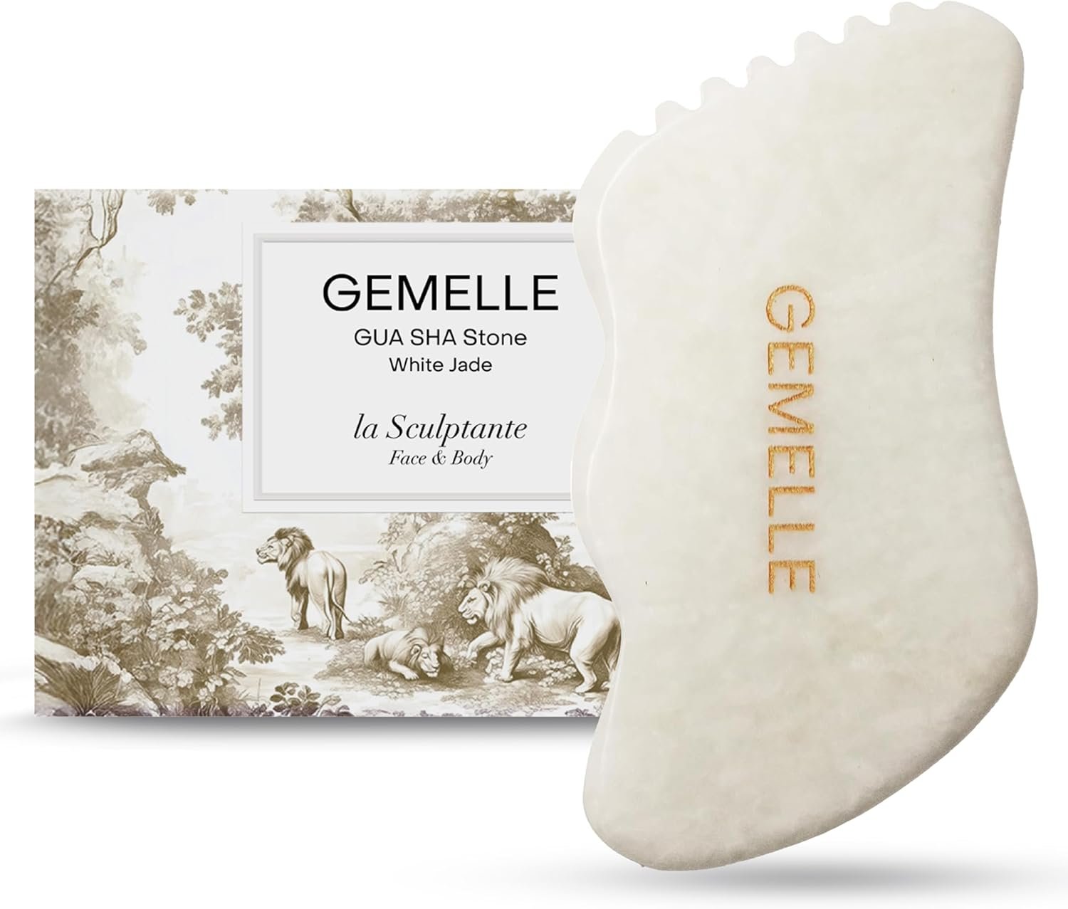 GEMELLE White Jade Gua Sha Tool – 10x Award-Winning Face & Body Sculpting Stone with 5-Edge Design for Lymphatic Drainage, Puffiness & Jawline – Premium Gift for Women, Glow-Boosting Natural Ritual