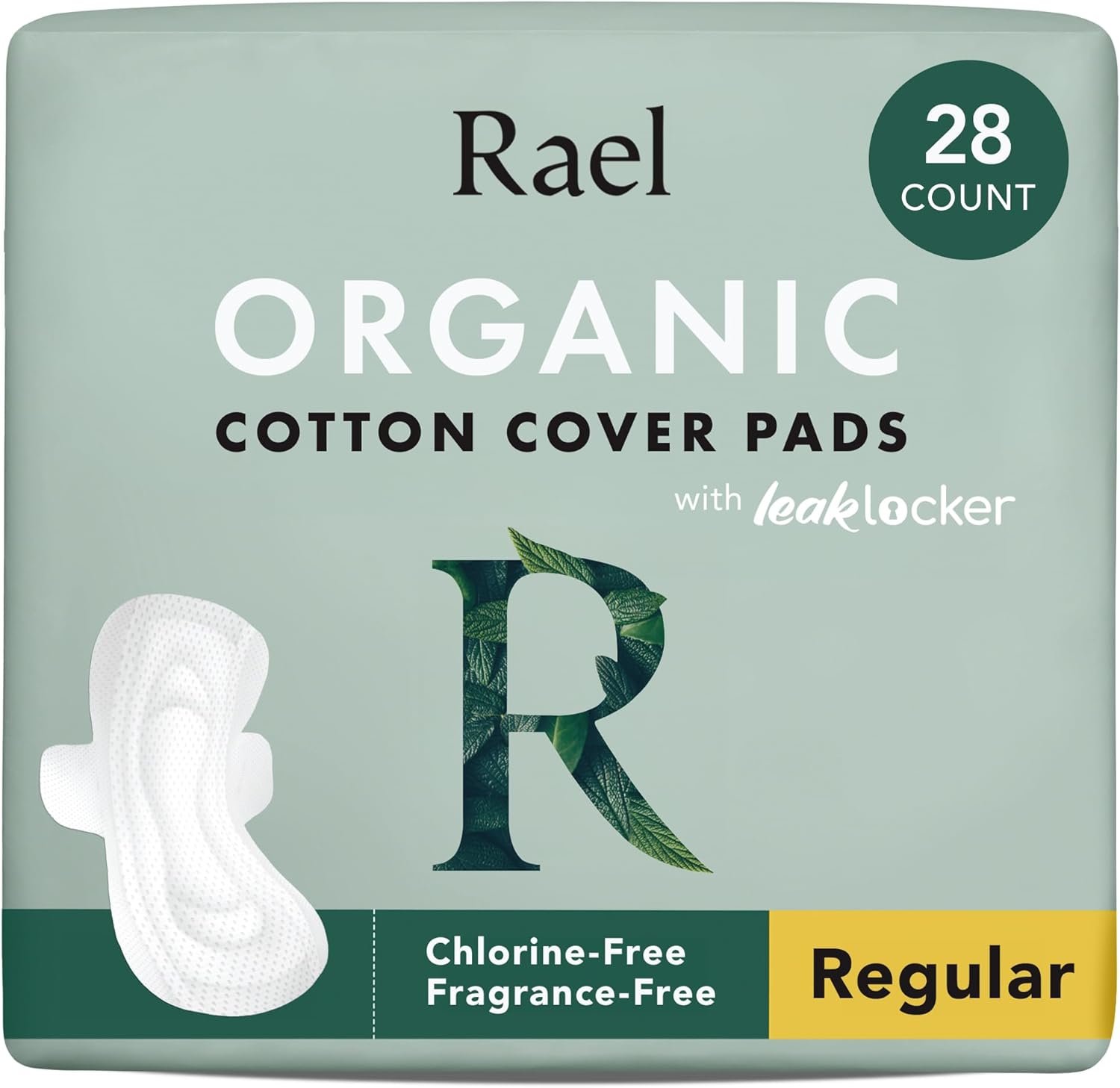Rael Organic Cotton Cover Pads – Regular Absorbency, Unscented, Ultra Thin Pads with Wings for Women (Regular, 28 Count)