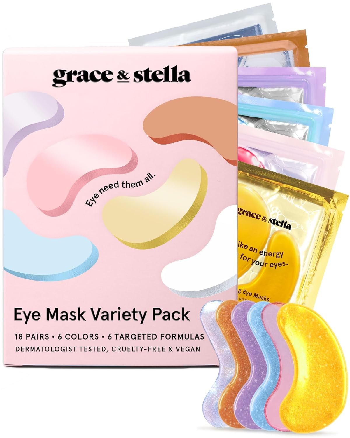 grace & stella Under Eye Mask Variety Pack – 18 Pairs of Under Eye Patches for Dark Circles – With 6 Colors (3 Pairs/Color) – Gifts for Women – Gel Masks Puffy Eyes for Women, Vegan