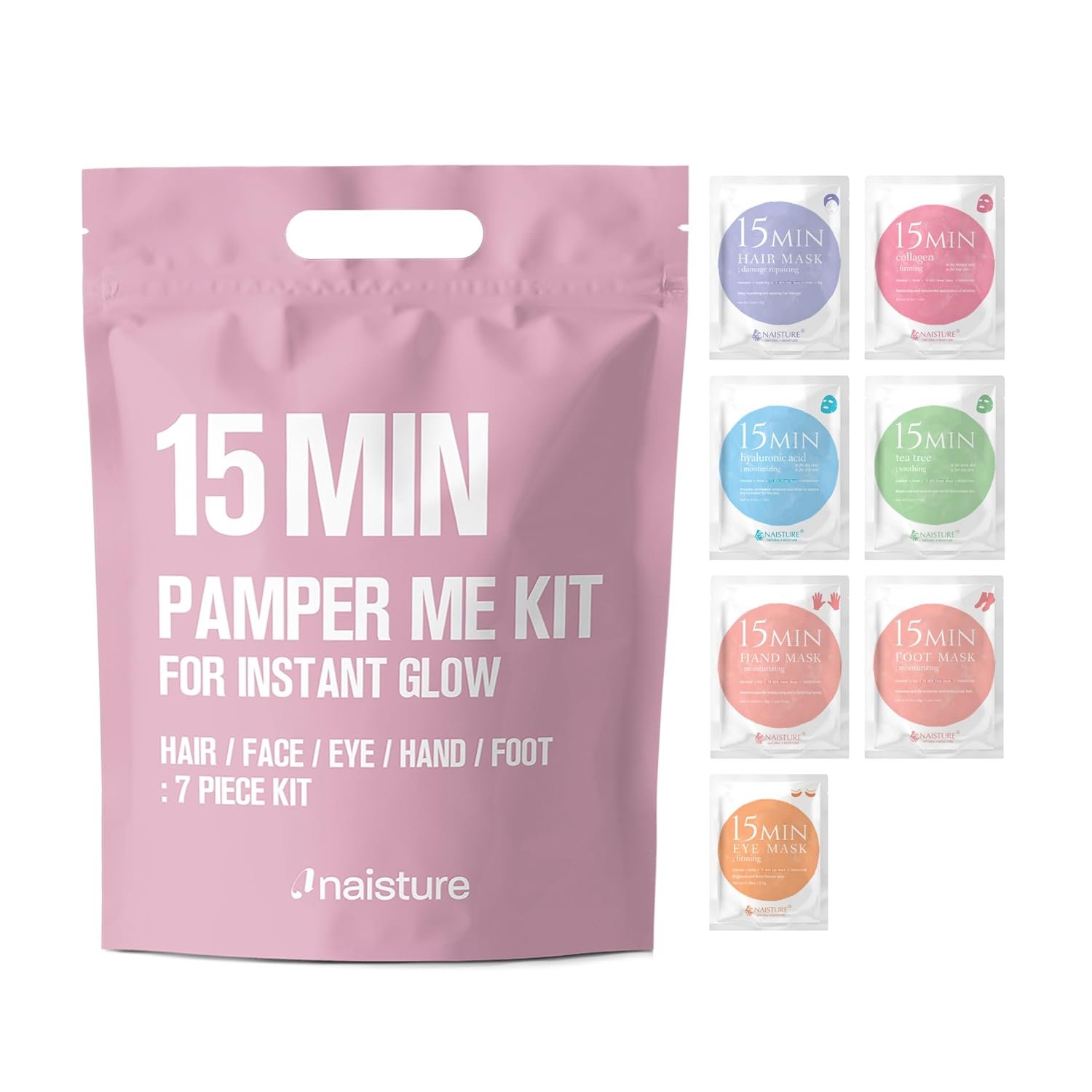 Naisture 15 Min Pamper Me Kit Korean Spa Skincare Gift Set for Women-Head to Toe with Hair, Face, Eye, Hand, & Foot Masks (7 pcs)