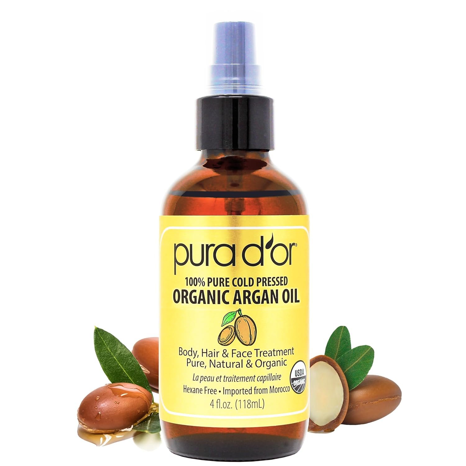 PURA D’OR 4 Oz Organic Moroccan Argan Oil – 100% Pure Cold-Pressed Virgin Grade – Lightweight Moisturizer for Skin, Face, Body & Hair Relaxer – Helps Dry Skin, Scalp Care, Split Ends, Nails & Cuticles