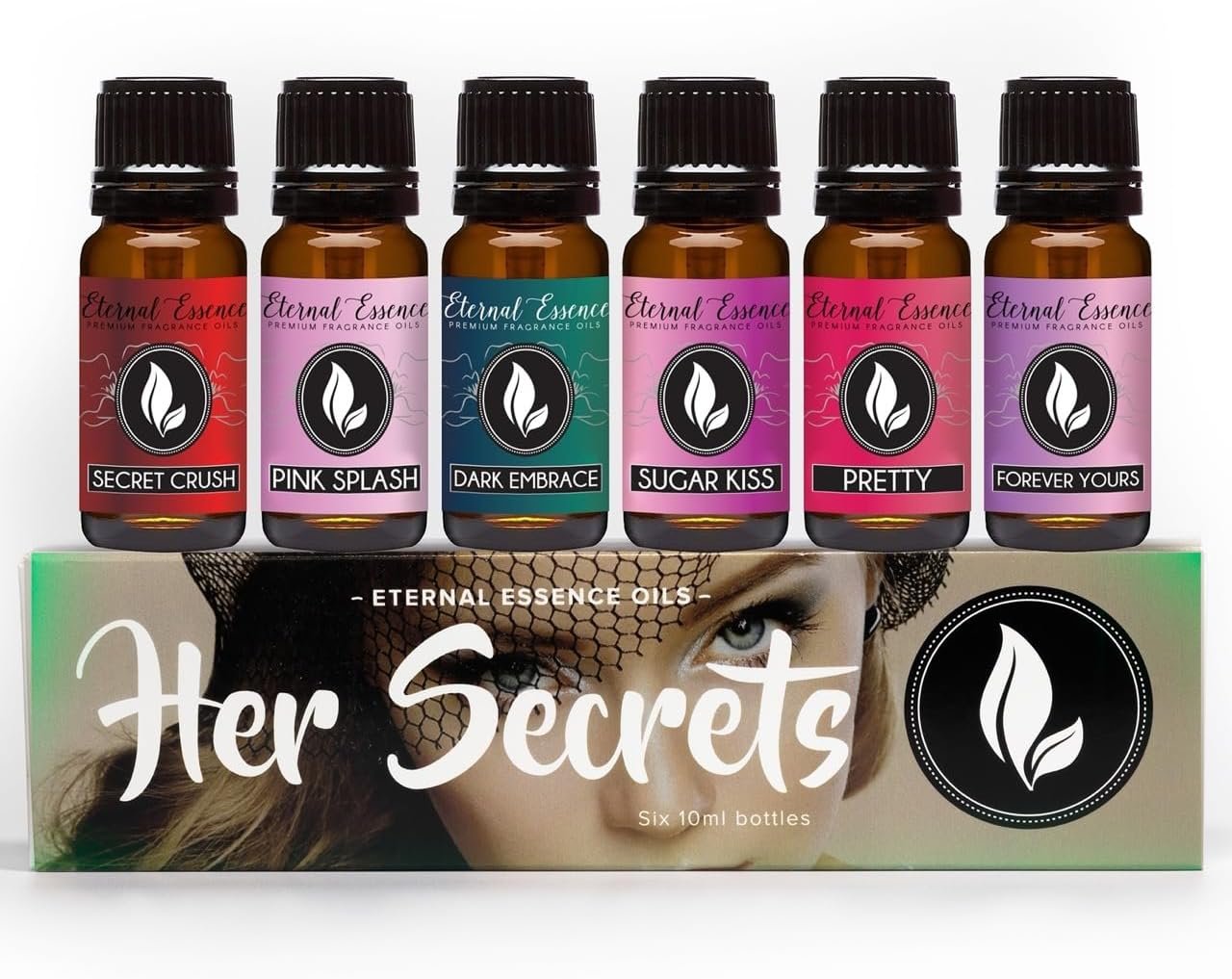 Eternal Essence Oils Her Secrets Set of 6 Premium Fragrance Oils – Includes Pretty, Dark Embrace, Forever Yours, Secret Crush, Pink Splash, and Sugar Kiss Scents Scented Oils – 10ML