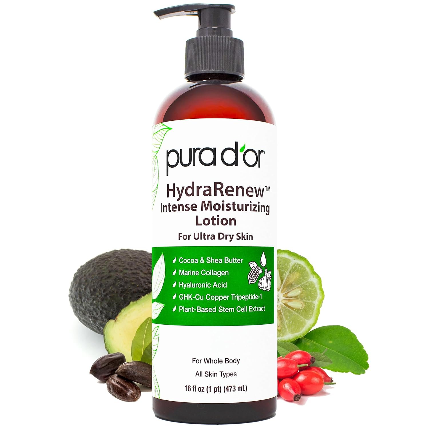 PURA D’OR HydraRenew Intense Moisturizing Lotion for Ultra Dry Skin – Hand & Body Cream with Cocoa & Shea Butters, Hyaluronic Acid, GHK-Cu Copper Tripeptide-1, Marine Collagen, Plant Stem Cells, 16 oz