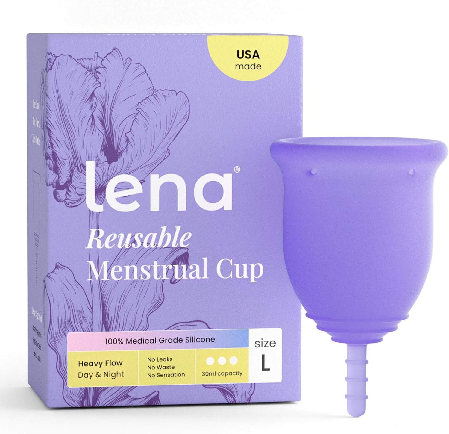 Lena Menstrual Cup Original – Reusable Silicone Period Cup for Heavy Flow, 12-Hour Leak-Free Protection, Soft & Comfortable, Beginner-Friendly Design – Large, Purple