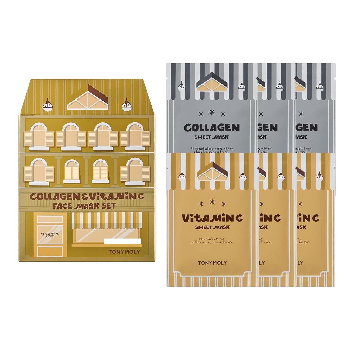 TONYMOLY Mini House of Masks 6-Pack Holiday Skincare Gift Set | Collagen & Vitamin C Korean Sheet Masks | Hydrating, Brightening & Firming Face Masks | Festive Stocking Stuffer for Women