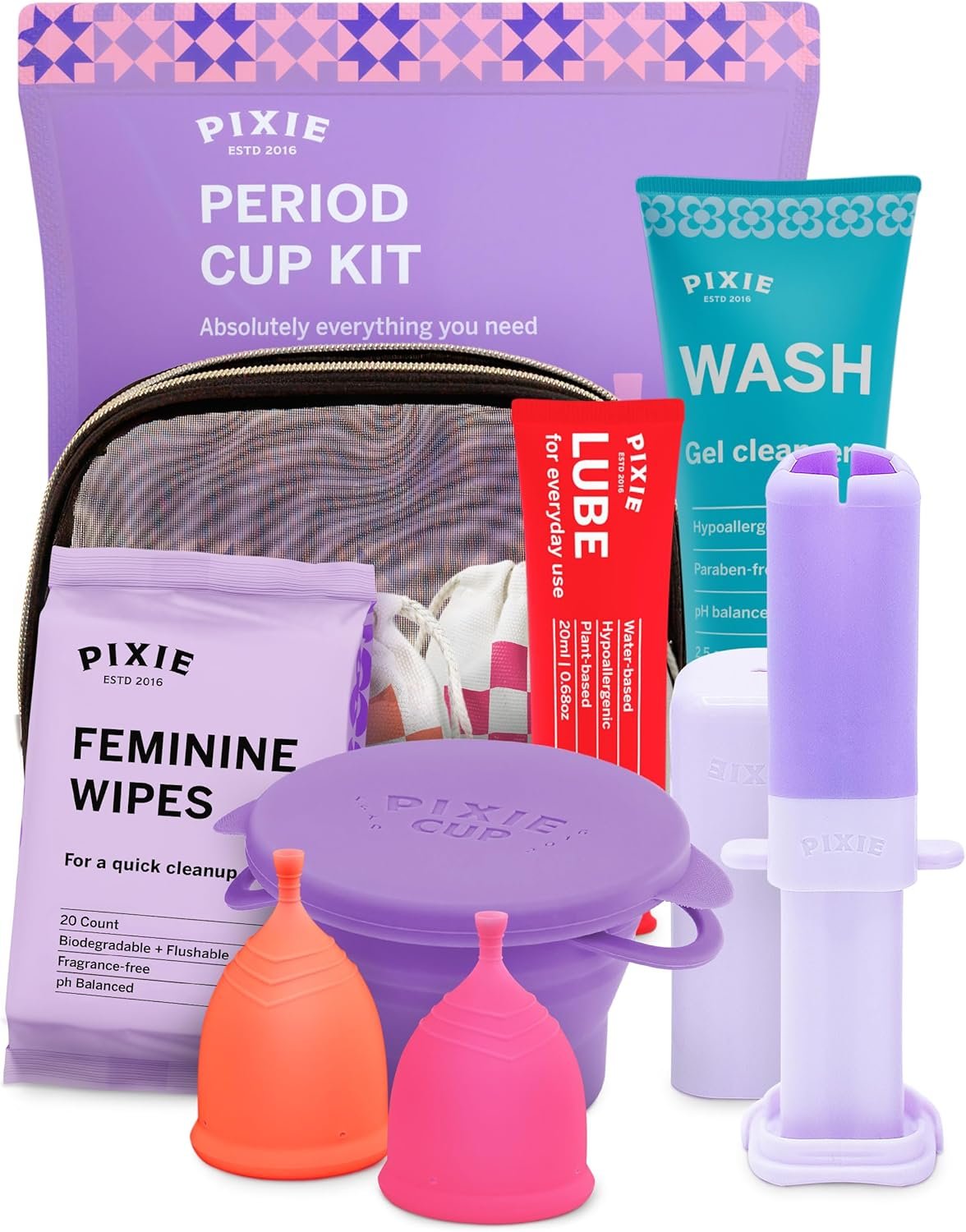 Pixie Menstrual Cup Kit – Best Period Cup Starter Kit for Feminine Care – Proven to Be What You Need to Become A Successful Cup User – 100% Medical-Grade Silicone – Tampon Alternative