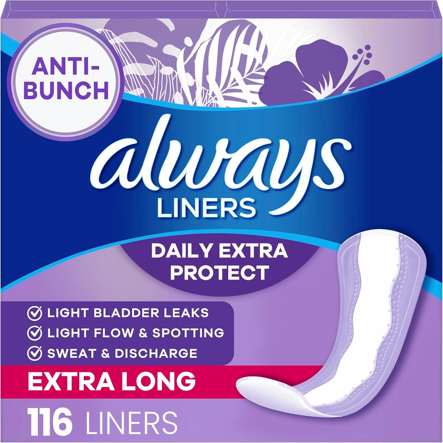 Always Panty Liners for Women Anti-Bunch Xtra Protection Daily Liners, Extra Long, Unscented, 116 Count