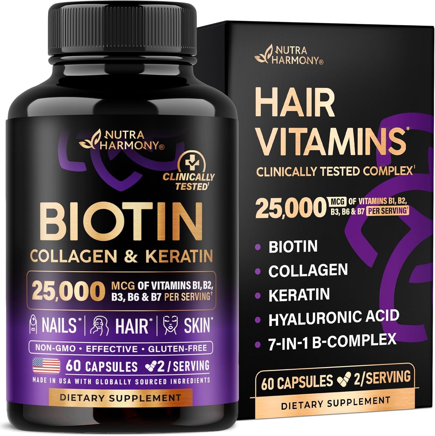 NUTRAHARMONY Biotin | Collagen | Hyaluronic Acid | Keratin – Support Normal Hair Growth Cycle – Skin & Nails – 25000mcg Vitamins B1, B2, B3, B6 & B7 – for Women & Men – Made in USA | 60 Capsules