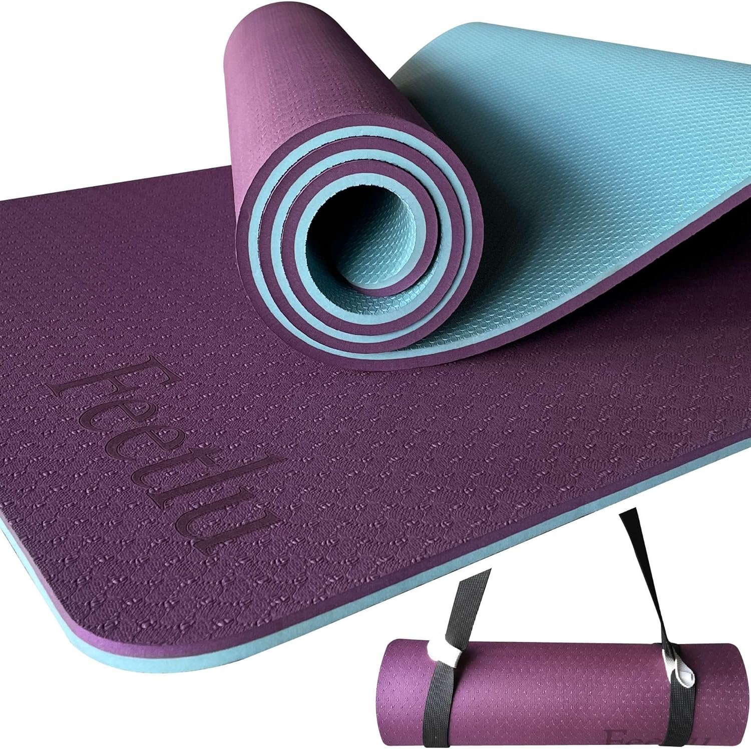 Extra Thick Exercise Yoga Mat with Strap – 2/5 Inch (10MM), Non-Slip Workout Mat for Yoga, Pilates, and Floor Exercises