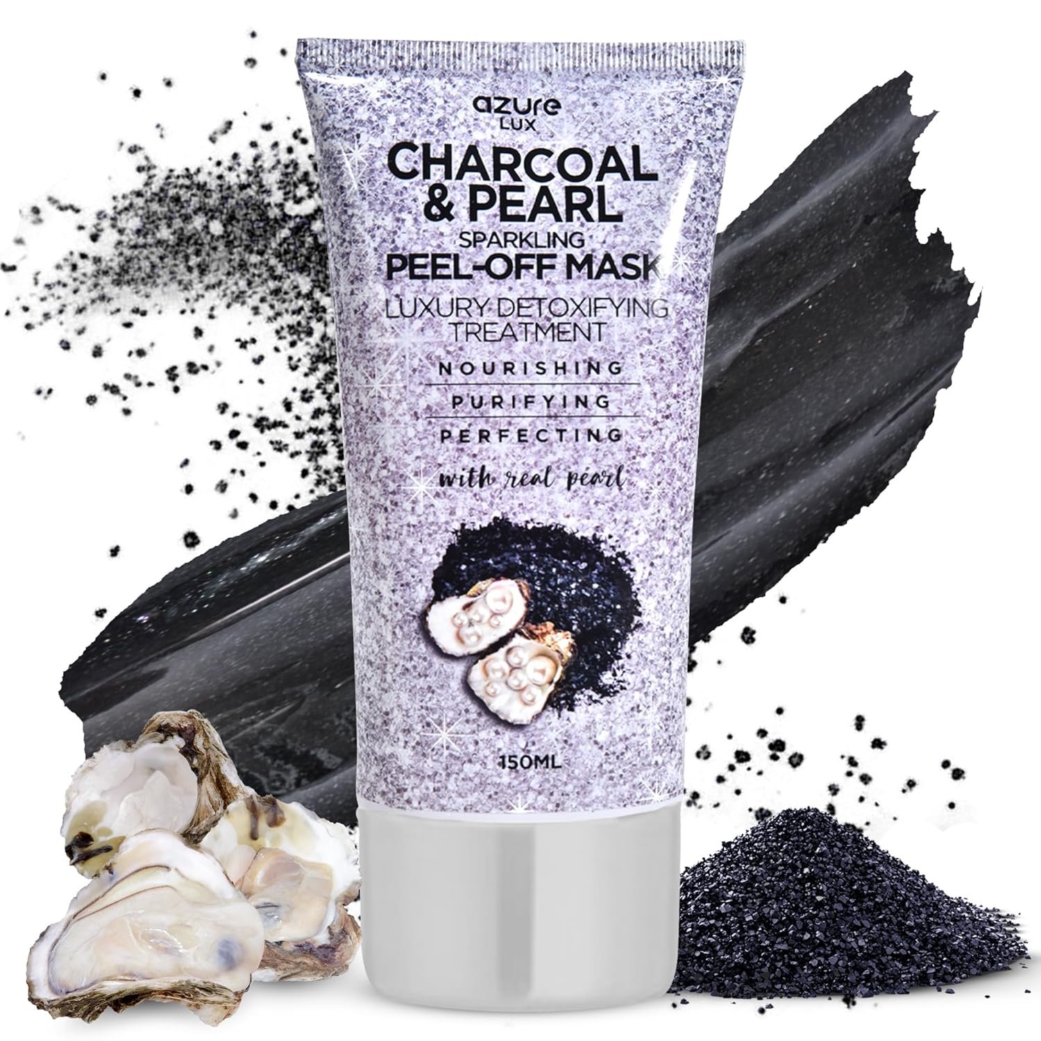Azure Cosmetics Charcoal & Pearl Sparkling Peel-Off Mask – Korean Skincare for Anti-Aging, Dirt & Oil Control with Hyaluronic Acid & Collagen – Moisturizing & Purifying Face Mask – 150 ml