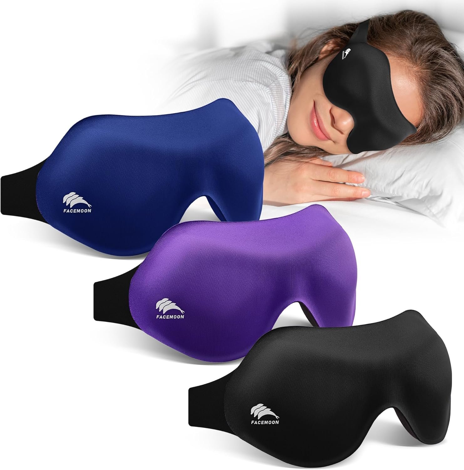 3 Pack Sleep Masks for Women & Men: True Blackout Eye Mask for Sleeping, 3D Contoured Zero Eye Pressure, Lash-Friendly (Blink Freely), Side Sleeper Comfort, Adjustable Strap Blindfold, Night Eye Cover