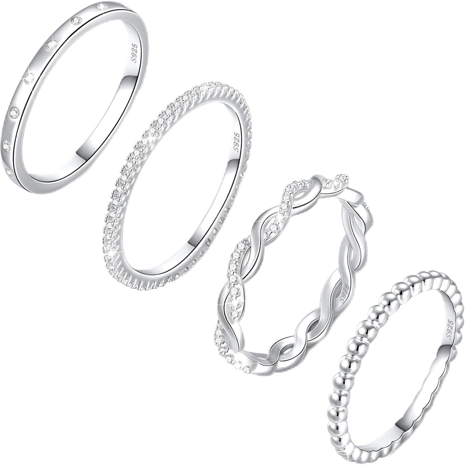 Sterling Silver Ring for Women, 4PCS Thin Stackable Rings Cubic Zirconia Thumb Ring Set Engagement Statement Wedding Bands for Women Size 5-10