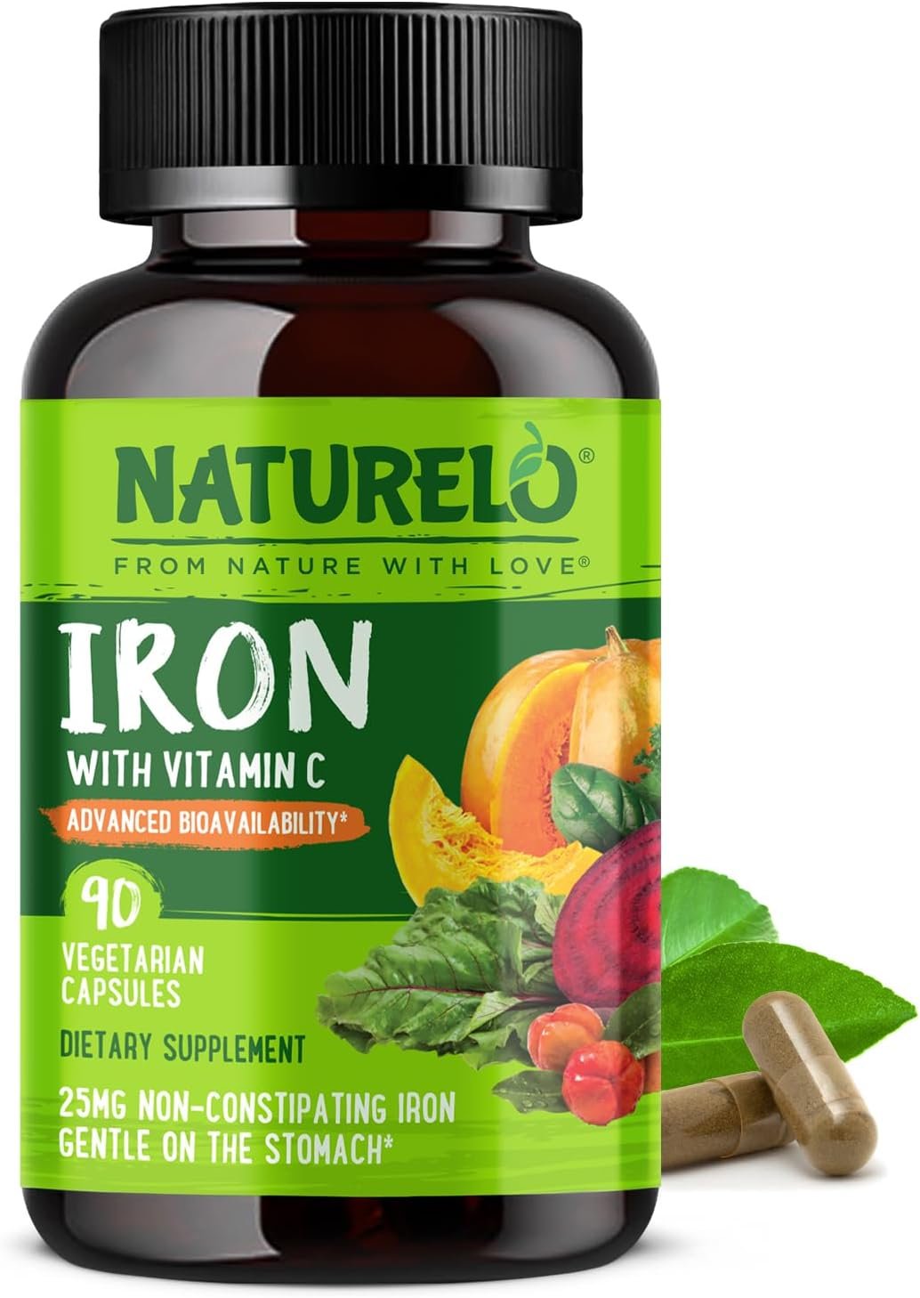 NATURELO Vegan Iron Supplement with Vitamin C and Organic Whole Foods – Gentle Iron Pills for Women & Men with Iron Deficiency Including Pregnancy, Anemia and Vegan Diets – 90 Mini Capsules