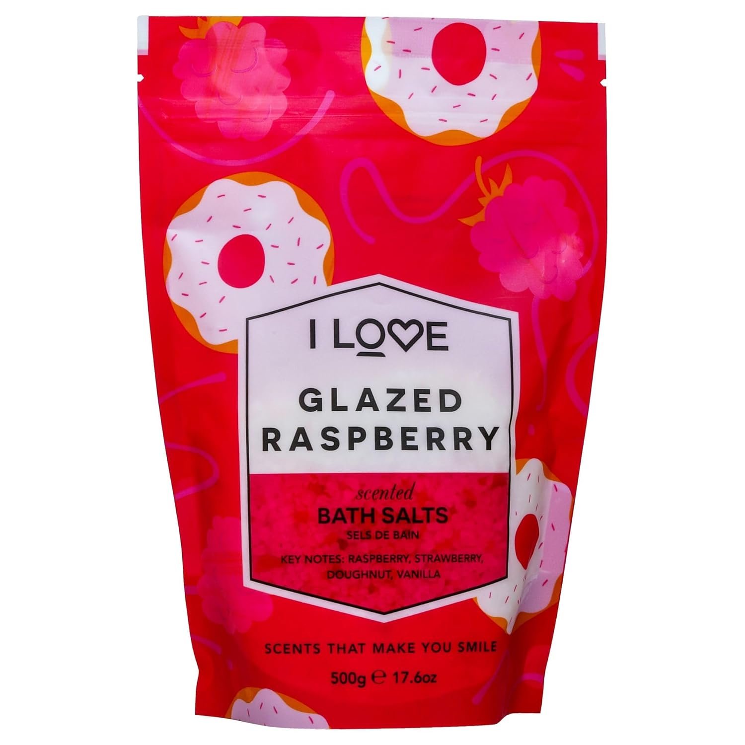 I Love Glazed Raspberry Scented Bath Salts – Soothing, Hydrating Bath Soak – Relaxing Bath Salts with Raspberry Donut Scent – Skin-Softening – 17.6 oz