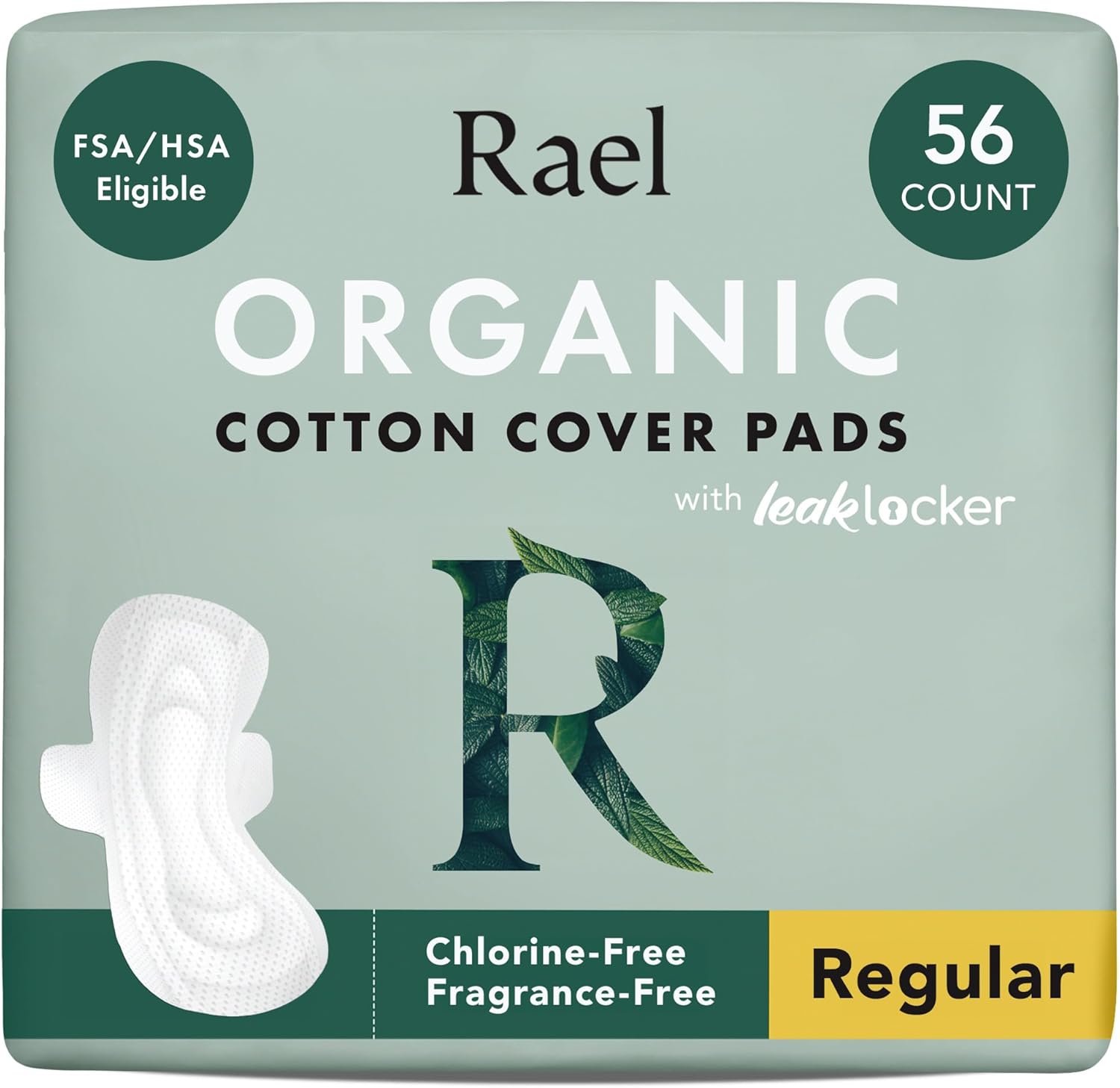 Rael Pads for Women, Organic Cotton Cover – Moderate Absorbency, Feminine Care, Ultra Thin, Sanitary Napkins with Wings, Unscented (Regular, 56 Total)