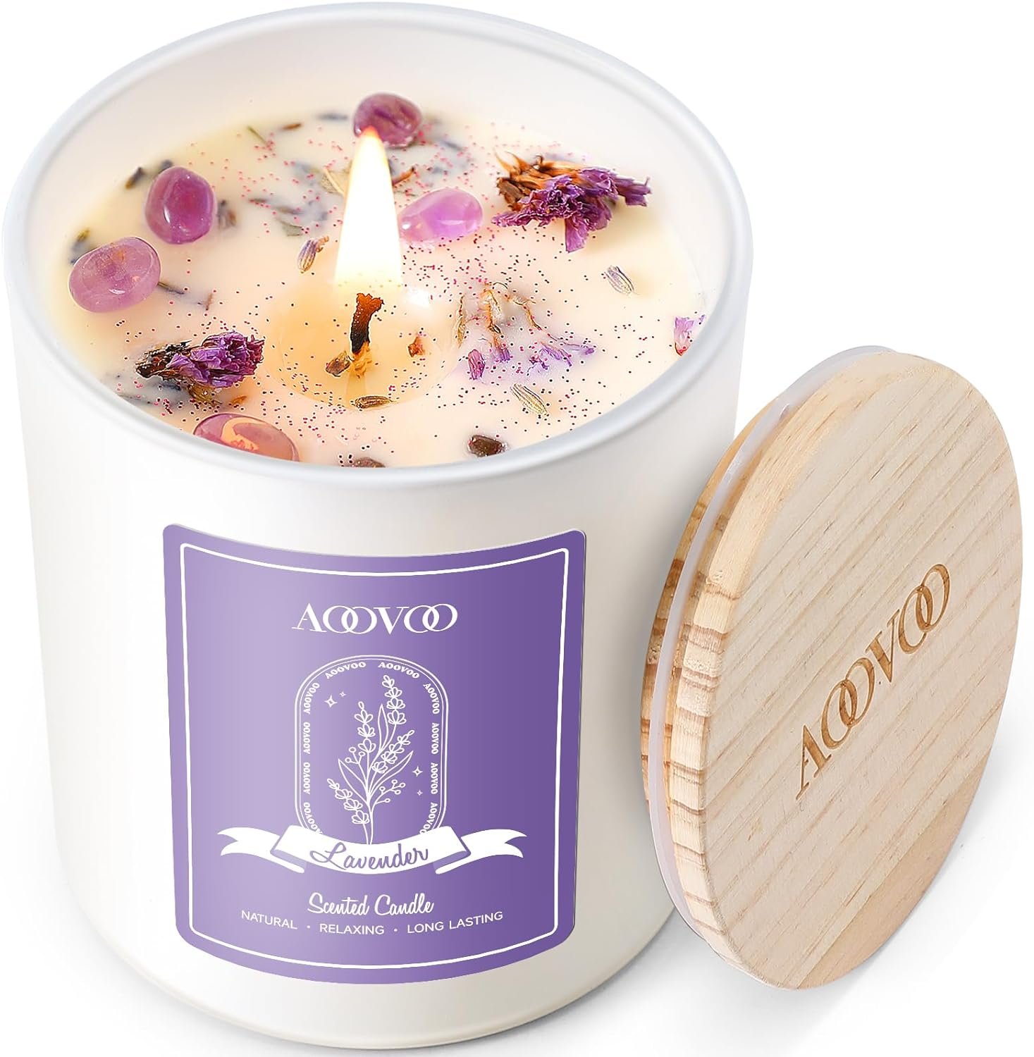 AOOVOO Lavender Scented Candles for Women – Aromatherapy Candle with Crystals Inside, 10oz Soy Candles for Home Scented, Birthday Gifts Mothers Day Candle for Women Mom