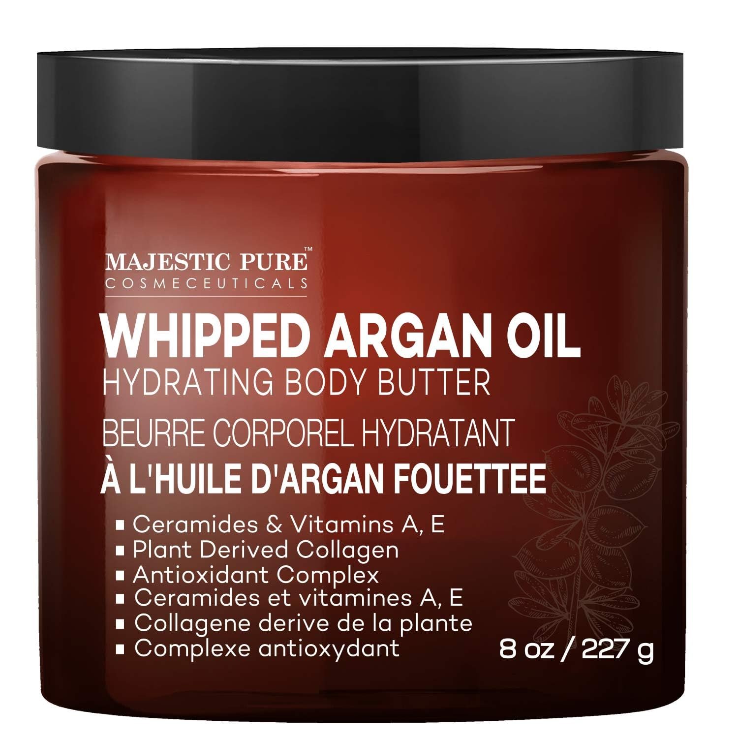MAJESTIC PURE Whipped Argan Oil Body Butter for Women & Men – With Ceramides, Vitamin E & A & Vegan Collagen – For Skin, Face, & Appearance of Wrinkles & Fine Lines – 8oz