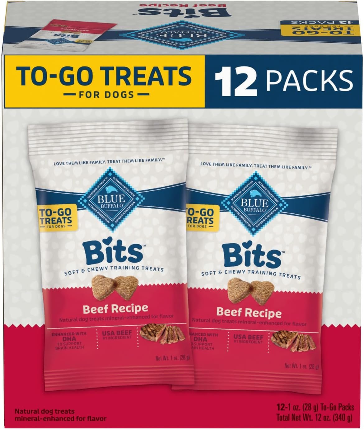 Blue Buffalo Bits Natural Soft Moist to Go Dog Training Treats Beef Recipe 1-oz Bags (Pack of 12)