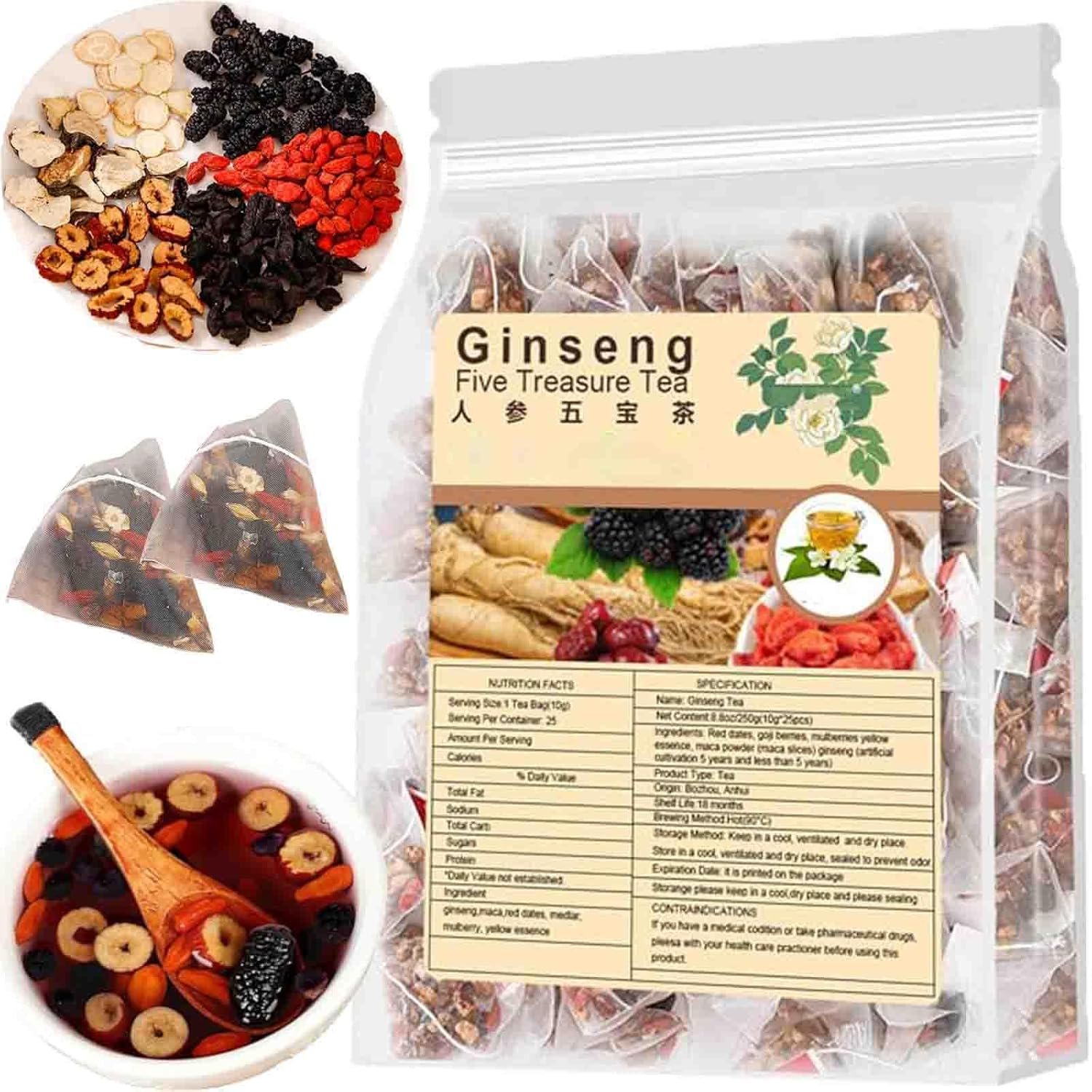 Ginseng & Mulberry Herbal Tea, Kidney Detox Teas, Kidney Tea Formula Ginseng Treasure Tea, Chinese Kidney Cleanse Teas for Women & Men (1Bag(25pcs))