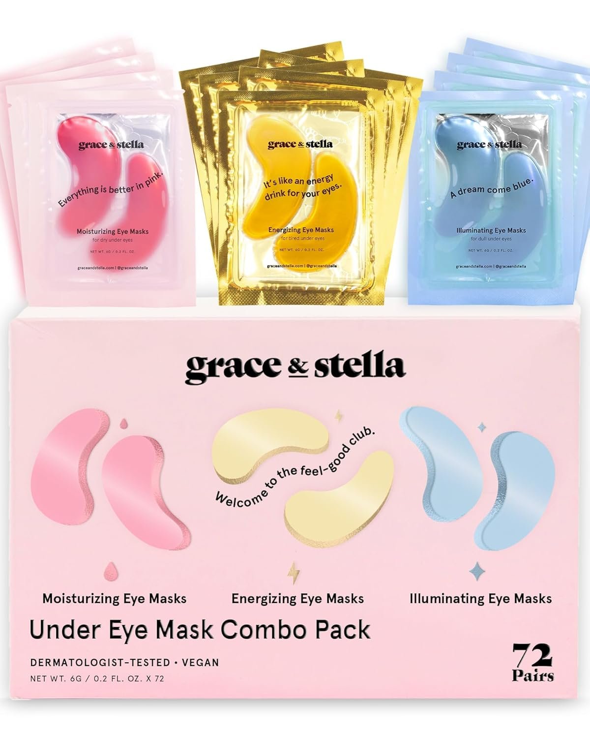 grace & stella Under Eye Mask – Reduce Dark Circles, Puffy Eyes, Undereye Bags, Wrinkles – Gel Under Eye Patches, Bulk Gifts for Women – Vegan Cruelty-Free Self Care (72 Pairs, Gold, Pink, & Blue)