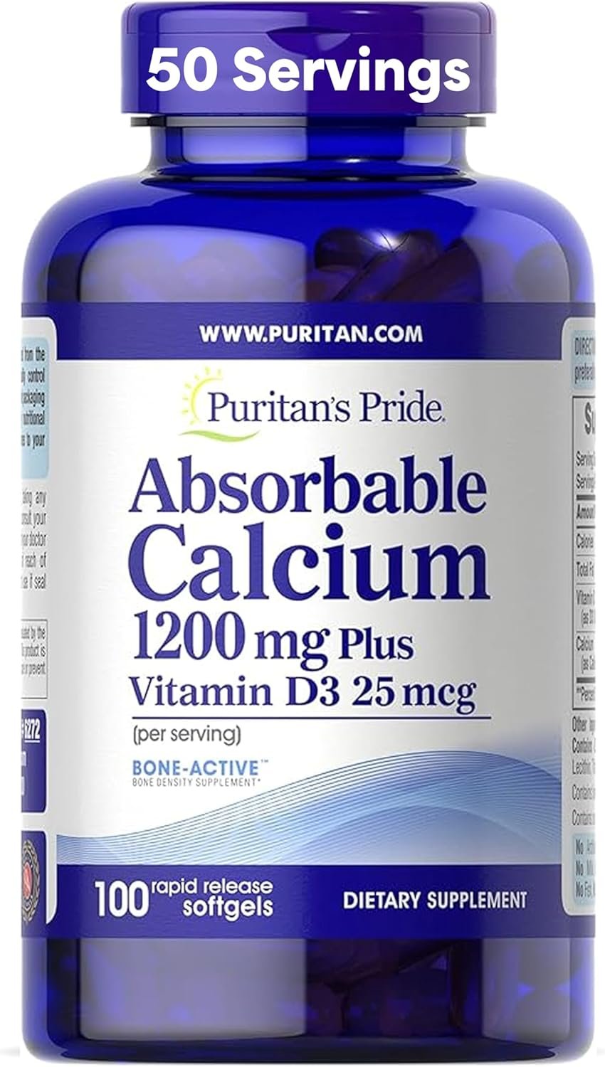 Puritan’s Pride Absorbable Calcium 1200 mg Plus Vitamin D3 25mcg 1000 IU With Bone-Active™, Dietary Supplement For Bone Strength, Heart, Nerve, Muscle, And Immune Support, 100 Rapid Release Softgels