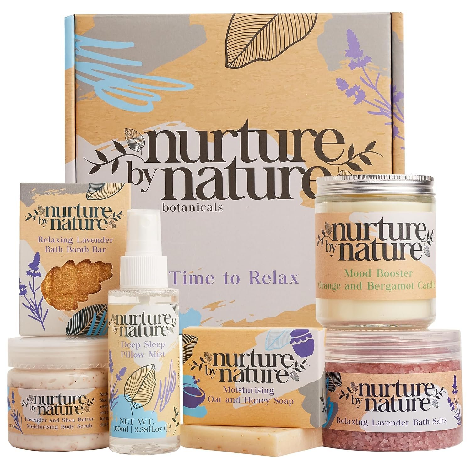 Nurture by Nature Spa Gifts for Women – Mothers Day Gifts for Mom, Self Care Gift Set & Spa Gift Basket for Women, 6 Piece Bath Set with Candle, Bath Bomb, Salts & Pillow Spray – Relaxation Gifts