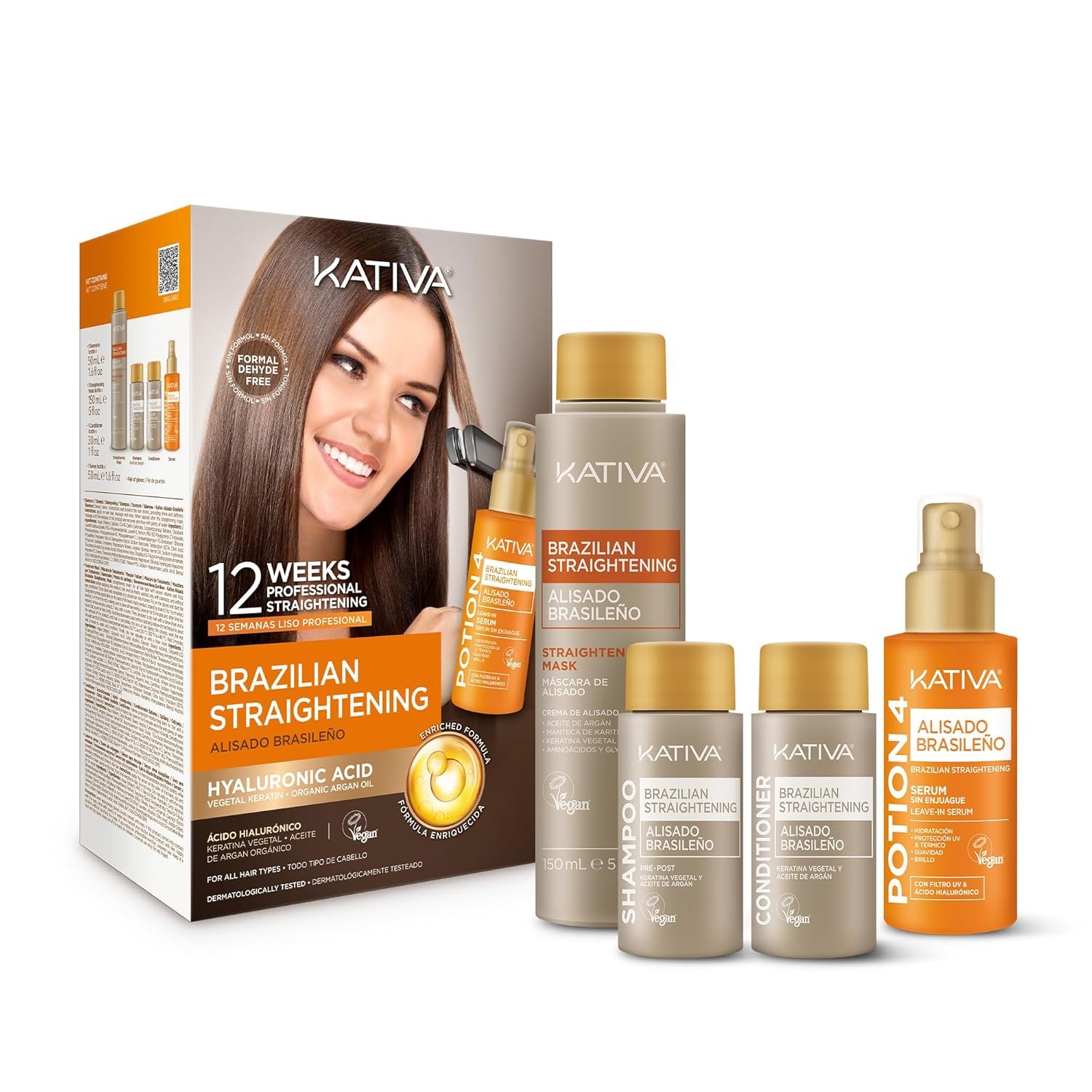 KATIVA Brazilian Keratin Straightening Kit – Alisado Brasileño Keratina + Potion 4 Heat Protectant Serum, Smoothing, Anti Frizz, Hyaluronic Acid, Argan Oil, Vegan, Up to 12 Weeks