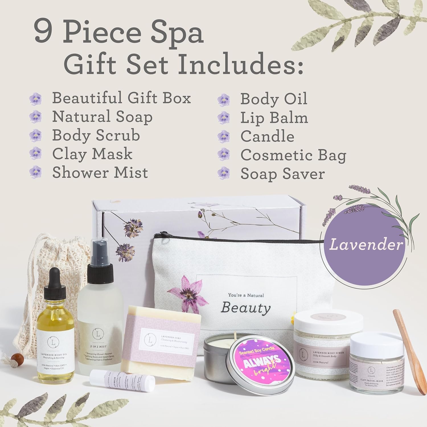 Lizush Luxury Spa Gifts for Women – 9 Piece Lavender Gifts for Her, Gift Baskets, Body Care Set for Mom, Birthday Box For Women, Self Care Spa Kit For Wife – Handmade in the USA