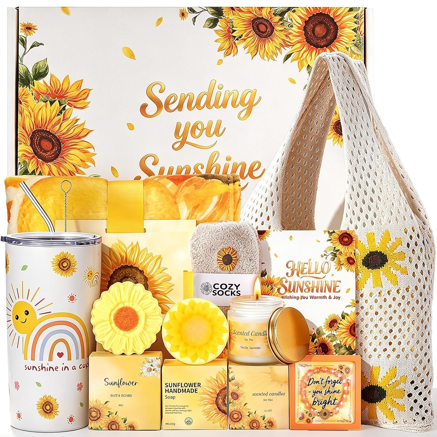 Sunflower Gifts Tote Bag Gift Set for Womens Self Care Gift – Birthday Gifts Box for Women Mom Wife Sister Daughter Friend Coworker, Sunflower Gifts Basket Sunshine Box Care Package for Women Her